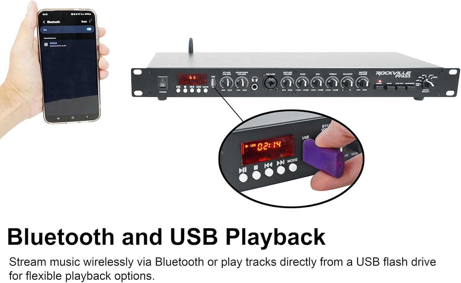 Rockville Bundle: Rockville PPA53 Preamp Pro 1U Pre-Amplifier w/Bluetooth/USB/Computer Interface Bundle with Rockville PRO-M50 Studio Headphones w/Detachable Coil Cable (2 Items)