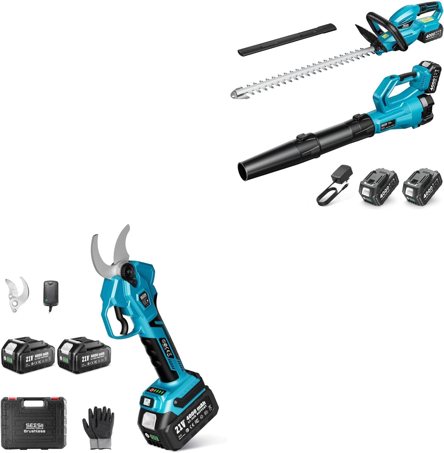 SEESII Cordless Hedge Trimmer and Leaf Blower Combo, 2 Pcs 4.0Ah Batteries+SEESII Electric Pruning Shears Cordless: 1.6
