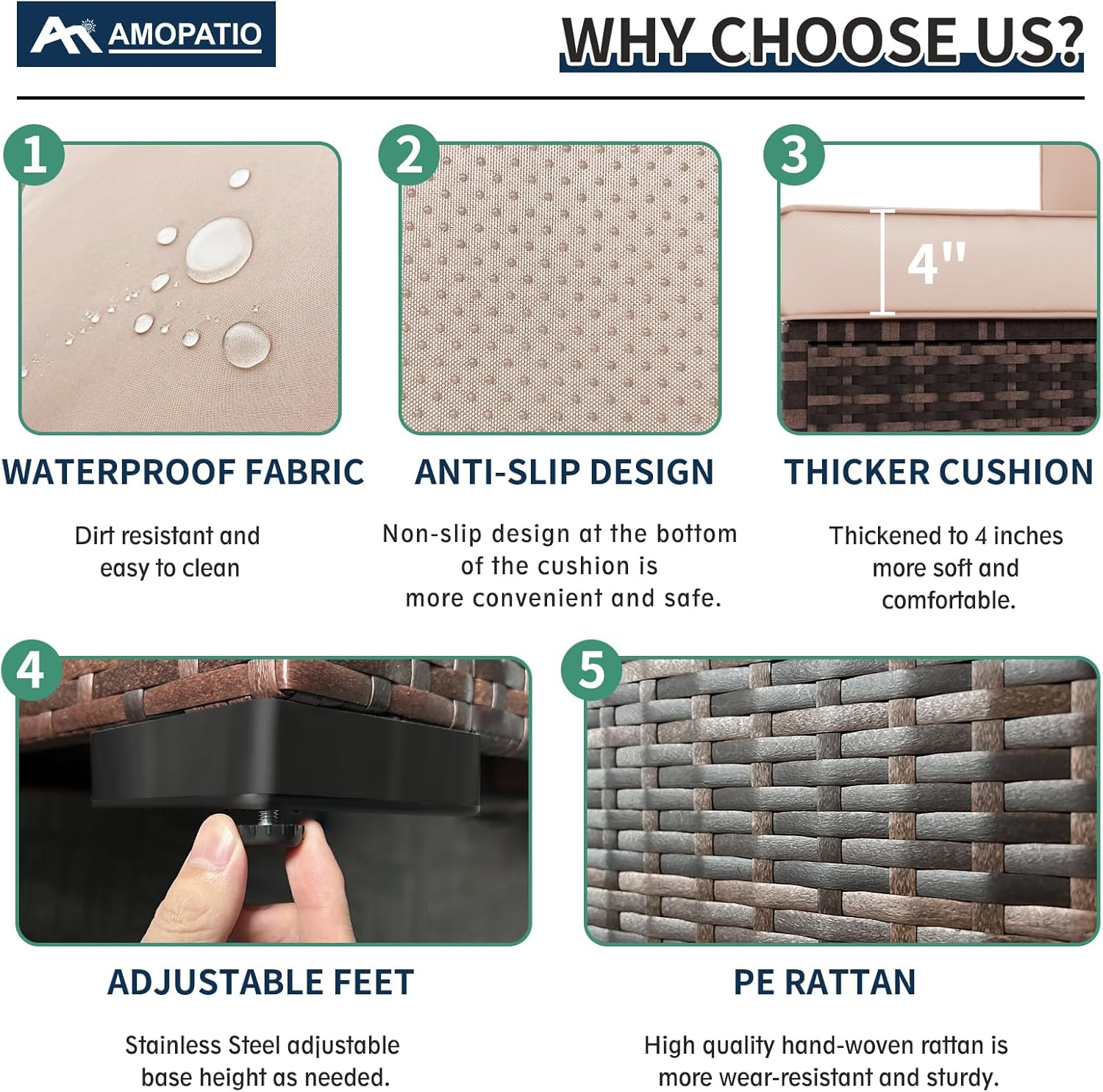 Amopatio Outdoor Patio Furniture Set 7 Pieces Patio Conversation Set Sectional Couch Sofa with All-Weather Cover, Glass Table & Thicken Cushion Fits Garden Yard Porch