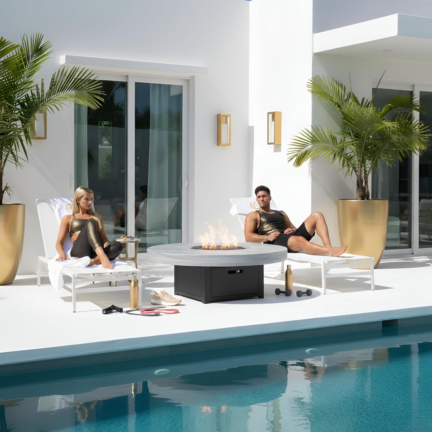 COOKE Parkway Circular Fire Pit Table - 48 Diam - Natural Gas - Brushed Aluminum Top - Grey Texture Powdercoat Base