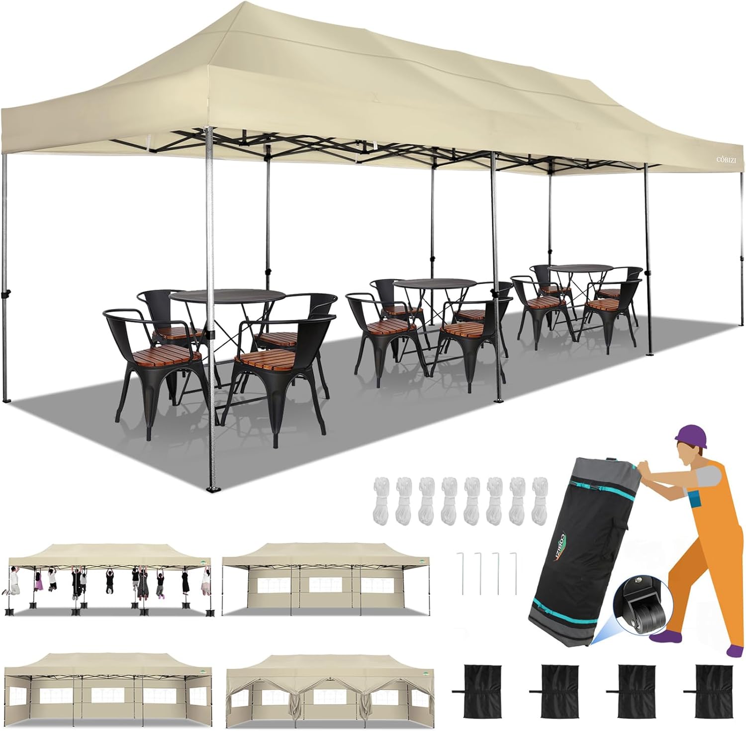 COBIZI 10x30 Heavy Duty Pop up Canopy with 8 sidewalls Party Tent for Parties Weddings Events UPF 50+ Waterproof Commercial Gazebo with Roller Bag, Khaki