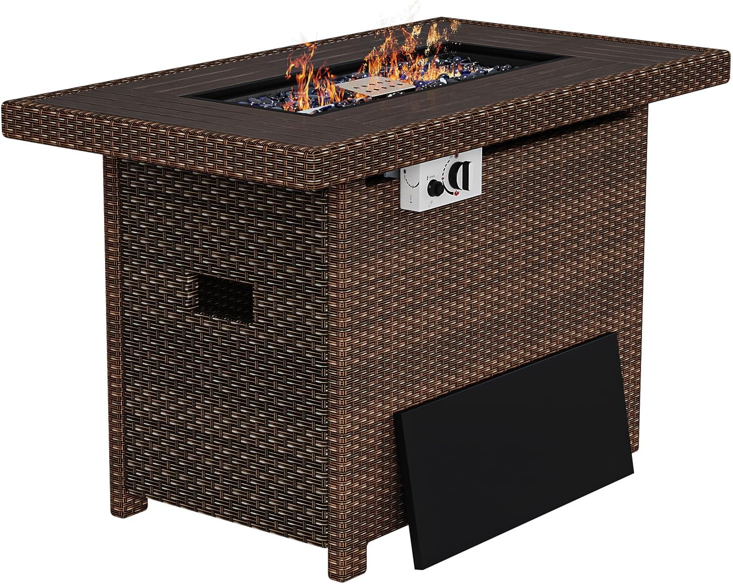Propane Fire Pit Table with Storage, 40 in CSA Propane Fire Table Rectangular, Auto Ignition Gas Fire Pit for Outside Patio Deck, Oxford Cover, Brown Wicker