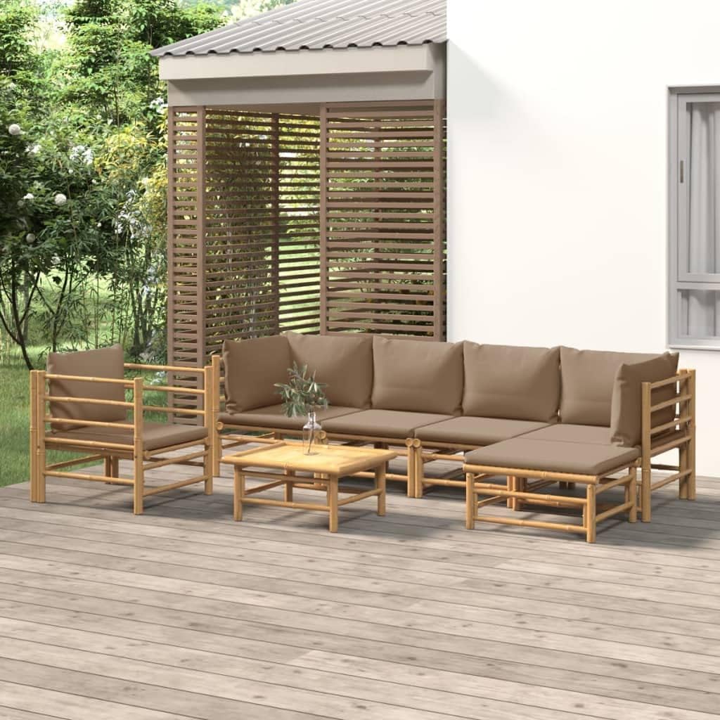 7 Piece Patio Lounge Set with Taupe Cushions Bamboo,Bamboo Patio Lounge Set: Comfort and Style for Your Outdoor, Patio Furniture Sets, Outdoor Furniture Sets