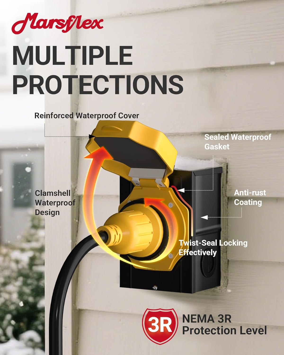 Marsflex 25FT 30 Amp Generator Cord and Power Inlet Box, Pre-Drilled Generator Inlet Box with NEMA L14-30P / L14-30R Generator Cord, for 125/250 Volt 7500 Watts, Weatherproof Outdoor Use, ETL Listed