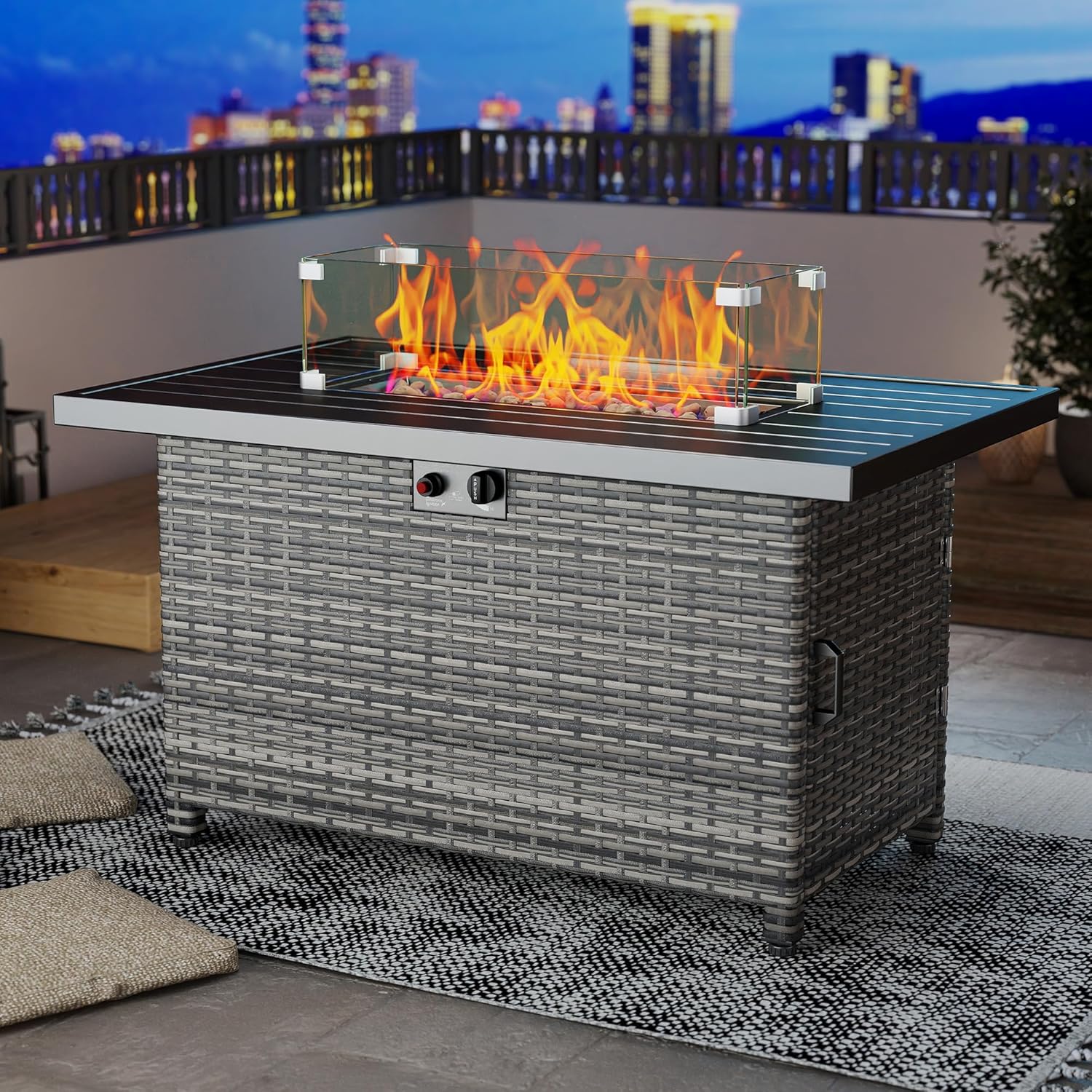 LHBcraft 44 Inch Propane Fire Pit, 50000 BTU Fire Pit Table with Glass Wind Guard and Lid, Gas Fire Pits for Outside Patio and Garden(Grey)