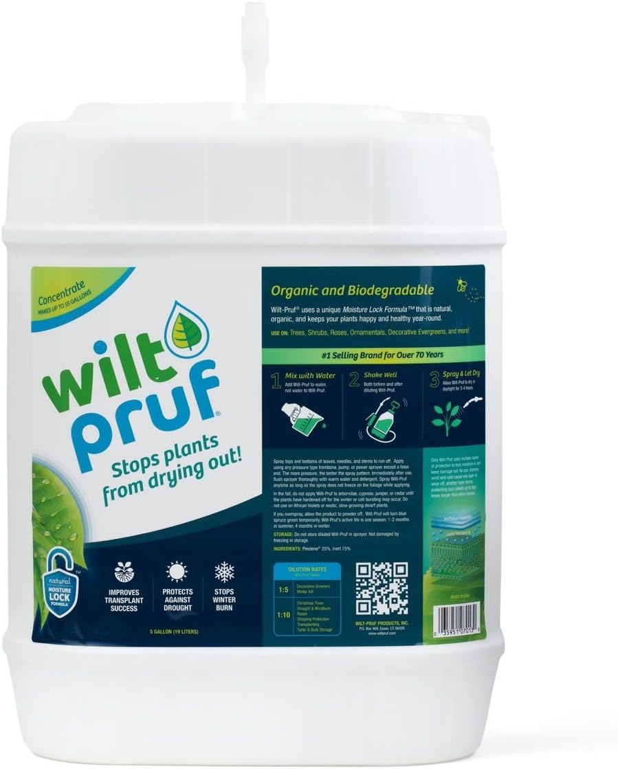 Wilt-Pruf® Concentrate | Protect Against Winter Damage, Drought, and Stress | Just Spray & Let Dry | Locks in Moisture w/Clear Foliar Film | Professional-Grade & Trusted | Replaces Burlap | (5 Gal)