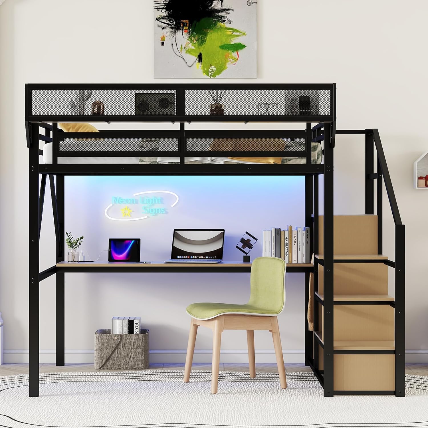 YAFF Full Loft Bed with Desk and Charging Station, Full Size Metal Loft Bed with Stairs and Light for Kids Teens, Black, Patent Products