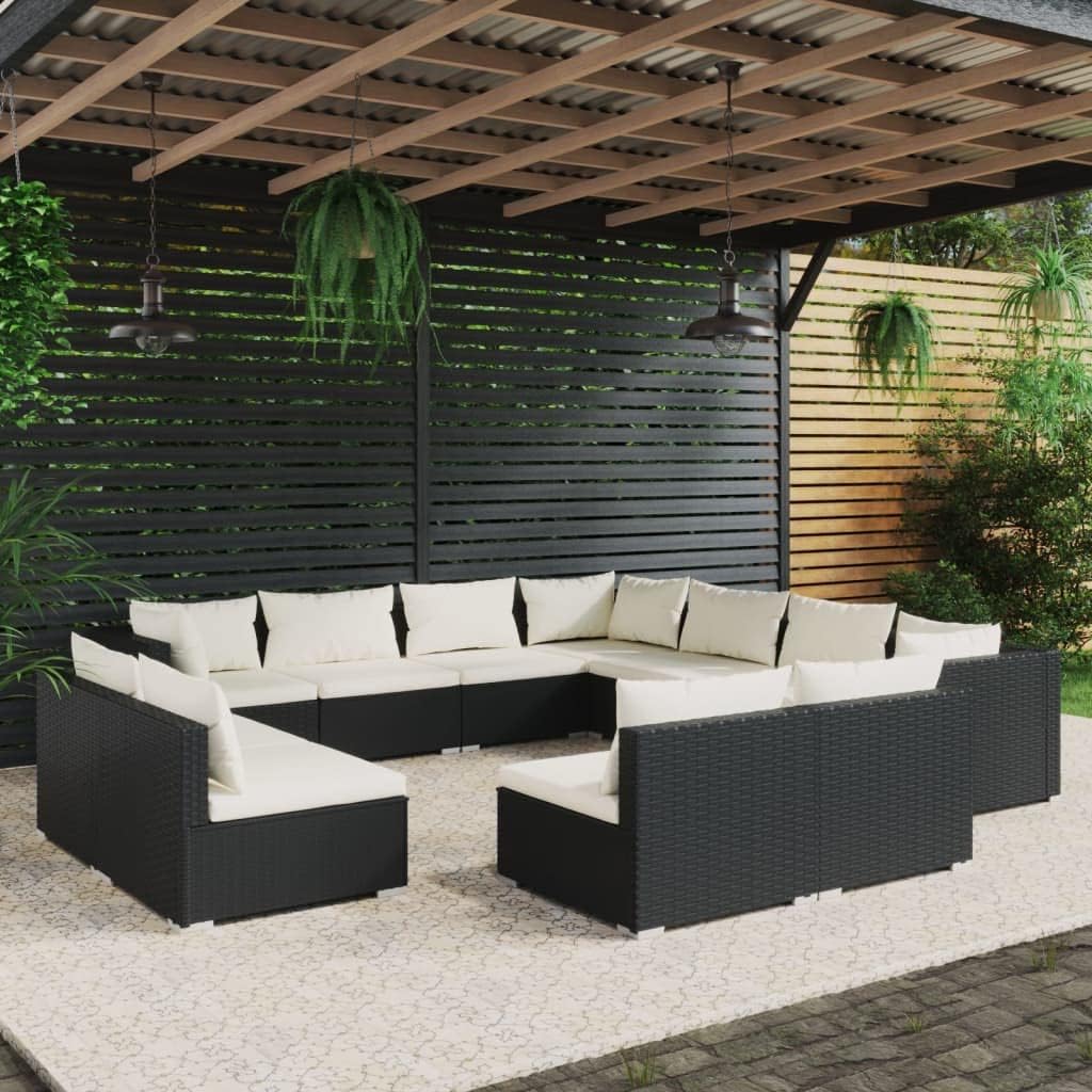 11-Piece Garden Lounge Set, Black PE Rattan Powder-Coated Steel, Modular Outdoor Patio Furniture for Balcony, Large Seating Capacity