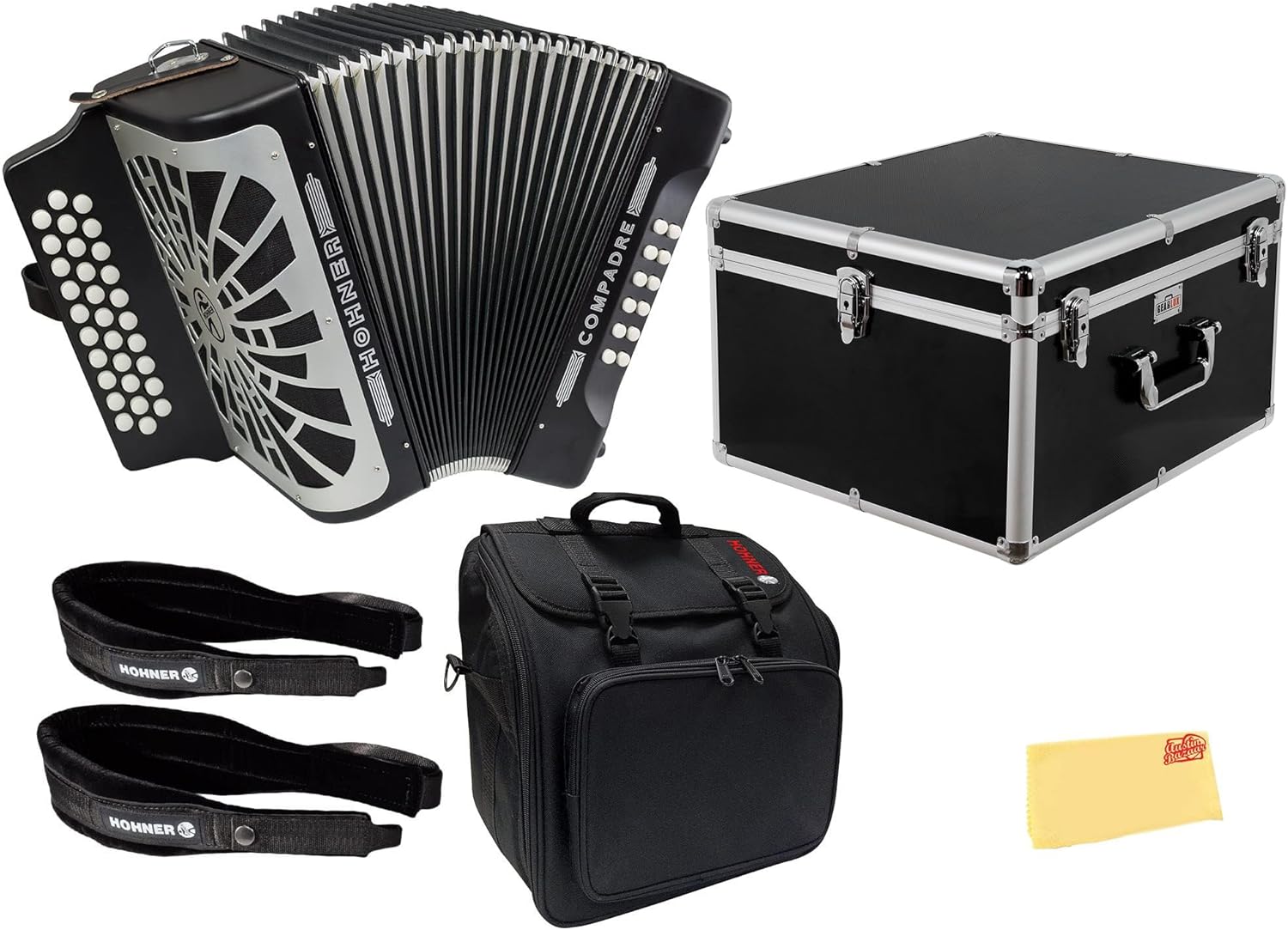 Hohner Compadre FBbEb 3-Row Diatonic Accordion - Black Bundle with Gig Bag, Hard Case, Adjustable Straps, and Austin Bazaar Polishing Cloth