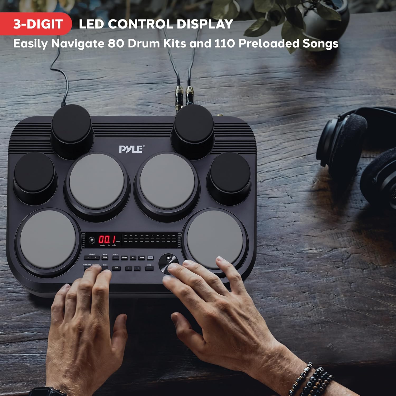 Pyle Electronic Drum Set – 8 Touch-Sensitive Pads, 80 Kits, 110 Songs, USB/MIDI, Headphone Output, Compact Tabletop Electric Drum Kit, Includes Pedals And Sticks, Ideal for Practice And Performance
