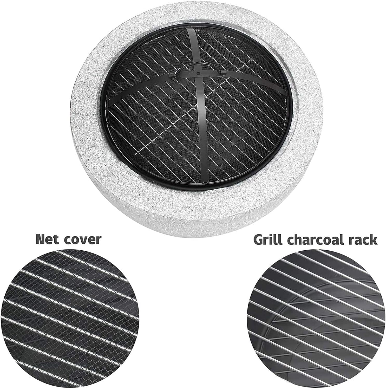 Outdoor Fire Pit, Concrete Round Firepit Charcoal and Wood Burning Firepit Bowl Bonfire with Spark Screen, Grate, and BBQ Grill, for Outdoor Patio Garden Backyard Decking
