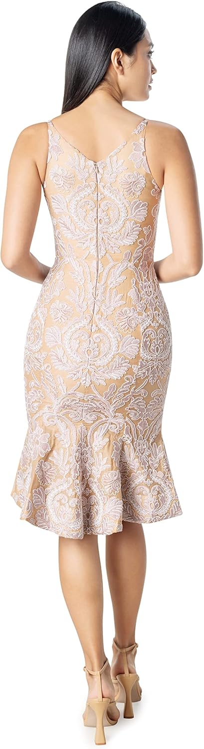 Dress The Population Womens Isabelle V-Neck Neckline, Bodycon Silhouette with a Ruffled Hem Midi Dress.