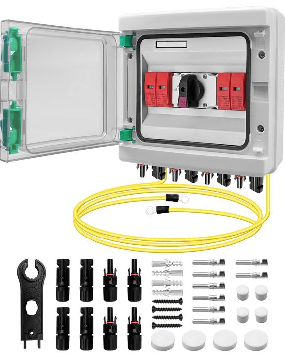 32 Amp 2 Strings Solar Disconnect Switch with DC1000V Lightning Surge Protector Arrester and IP65 Waterproof, 2 in 2 Out Solar PV Combiner Breaker Box for Outdoor Solar Panel System