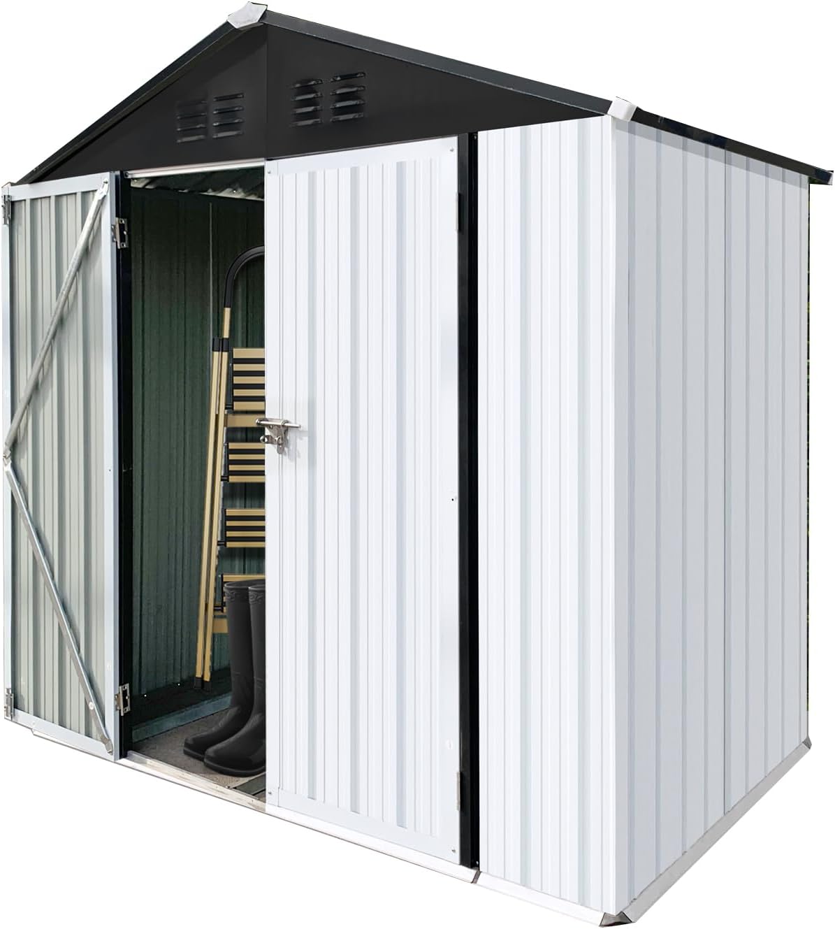 Outdoor Metal Storage Shed, 6 x 4 ft, White and Brown, Apex Roof, Double Door with Lock (White+Black)