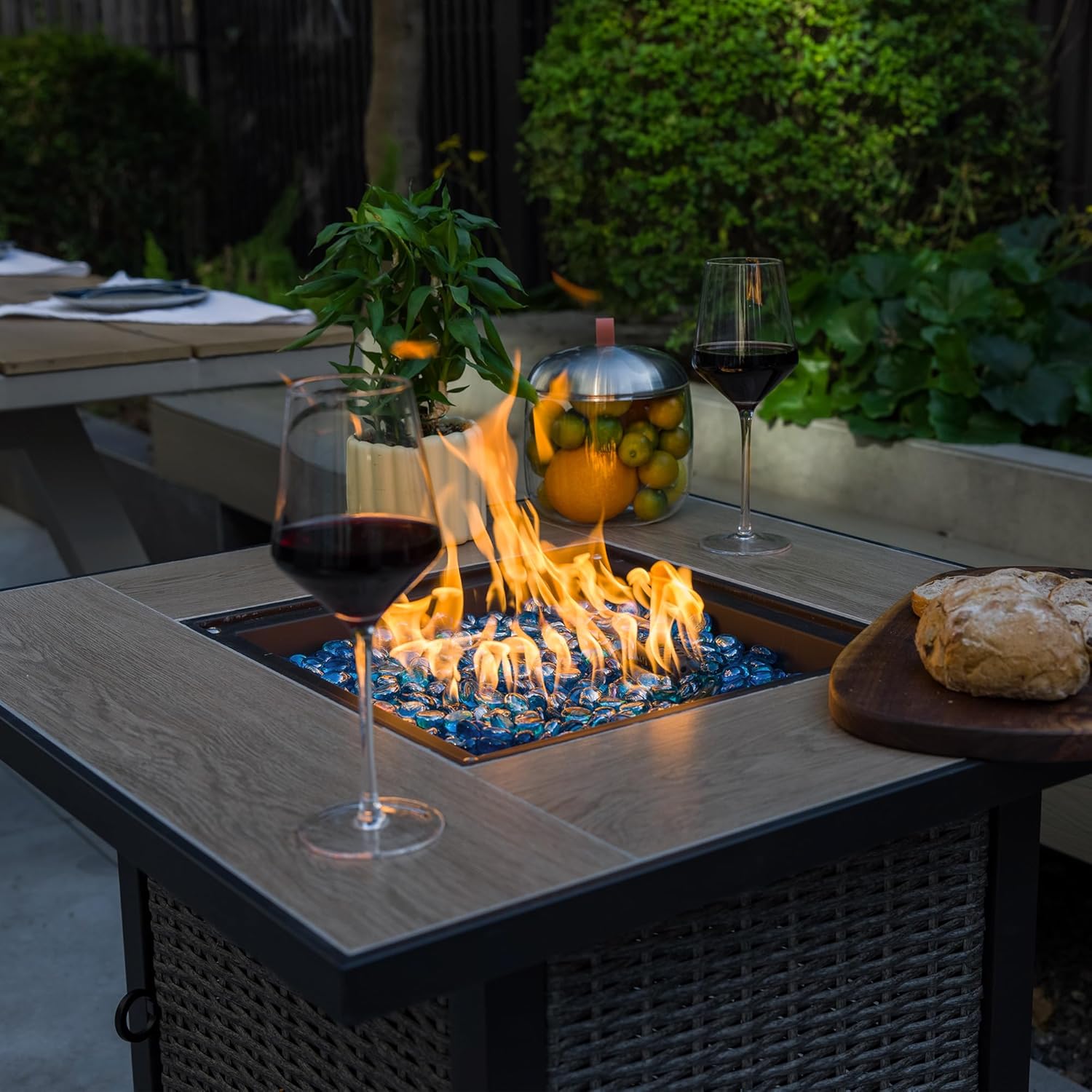 30 Inch Propane Fire Pit Table with Cover, 50,000 BTU Electronic-Ignition Rattan Patio Gas Fire Pit with Lid & Glass Bead, Outdoor Fireplace for Dining or Party, Gray