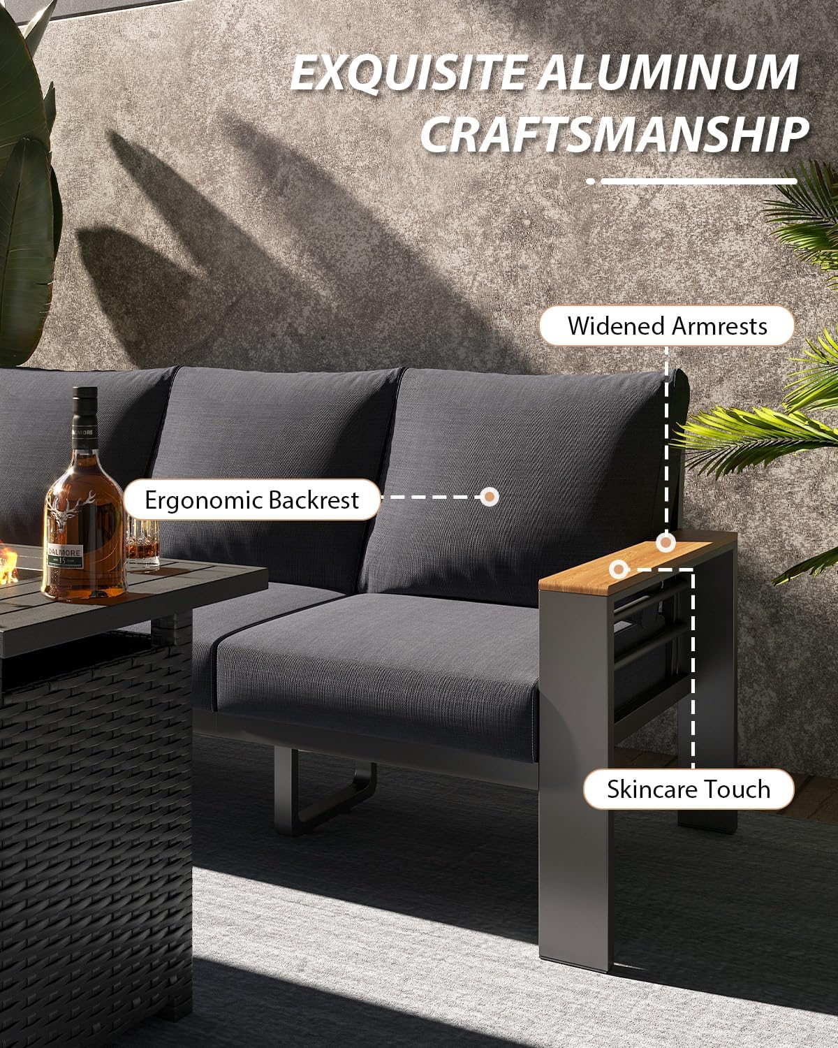 Aoxun Aluminum Outdoor Patio Furniture Set, 7 Seats Outdoor Sectional with Fire Pit Table, Patio Conversation Sets with Upgraded Armrests and Cushions for Backyard, Garden and Poolside（Dark Grey）