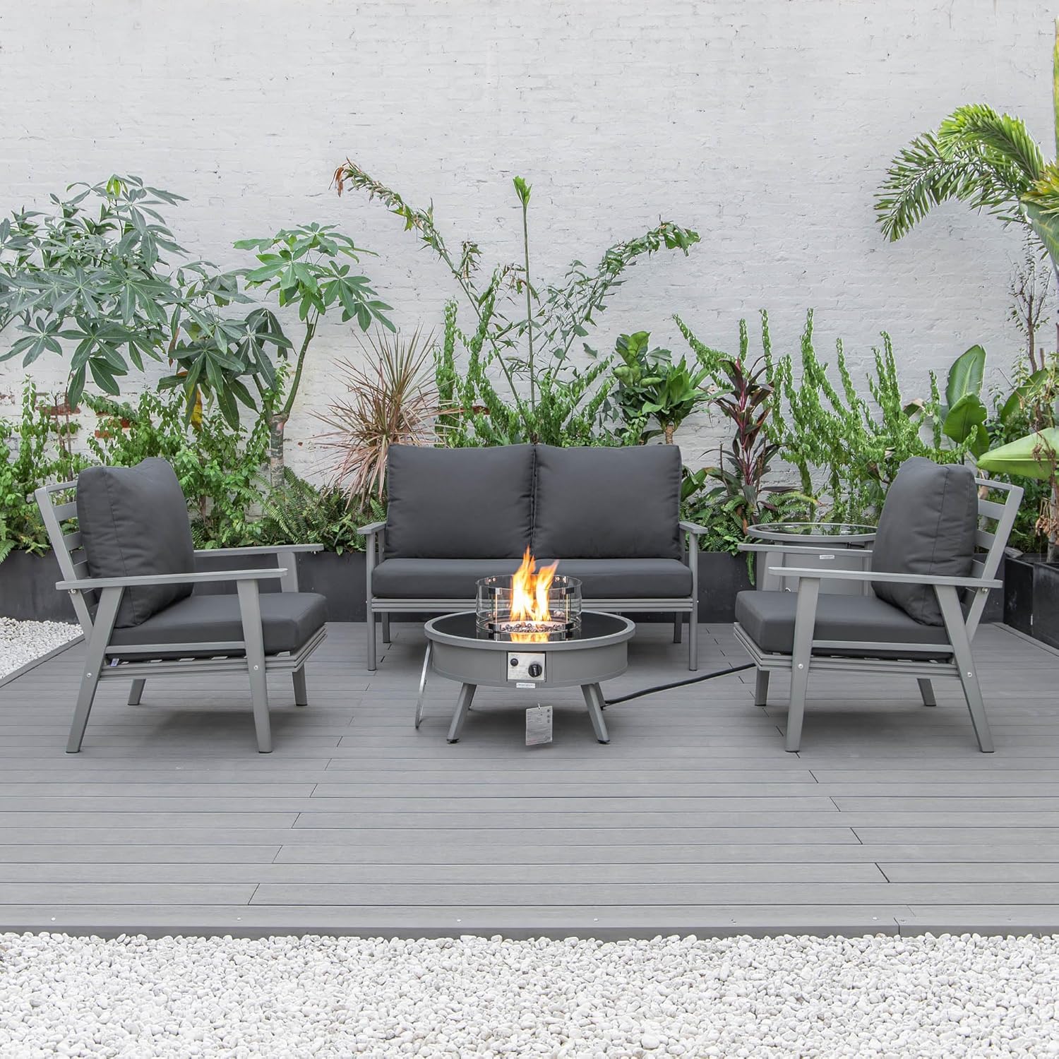 LeisureMod Walbrooke Modern Aluminum 5-Piece Patio Conversation Set with Outdoor Round Firepit Side Table Tank Holder, Charcoal