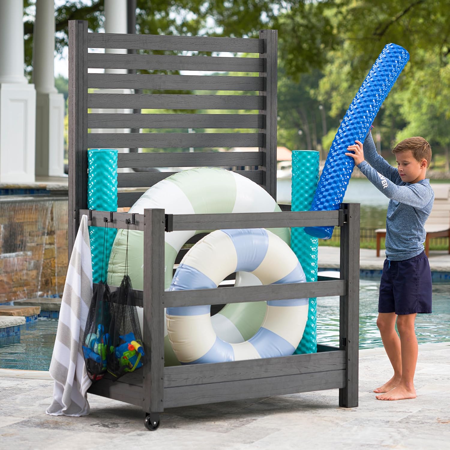6.2ft H x 4ft W x 2.5ft D Poolside Organizer and Deck Storage with Privacy Screen for Pool Toys and Pool Floats, Outdoor Storage Solution Replaces Your Deck Box or Patio Box, Zippity Oasis ZP19080