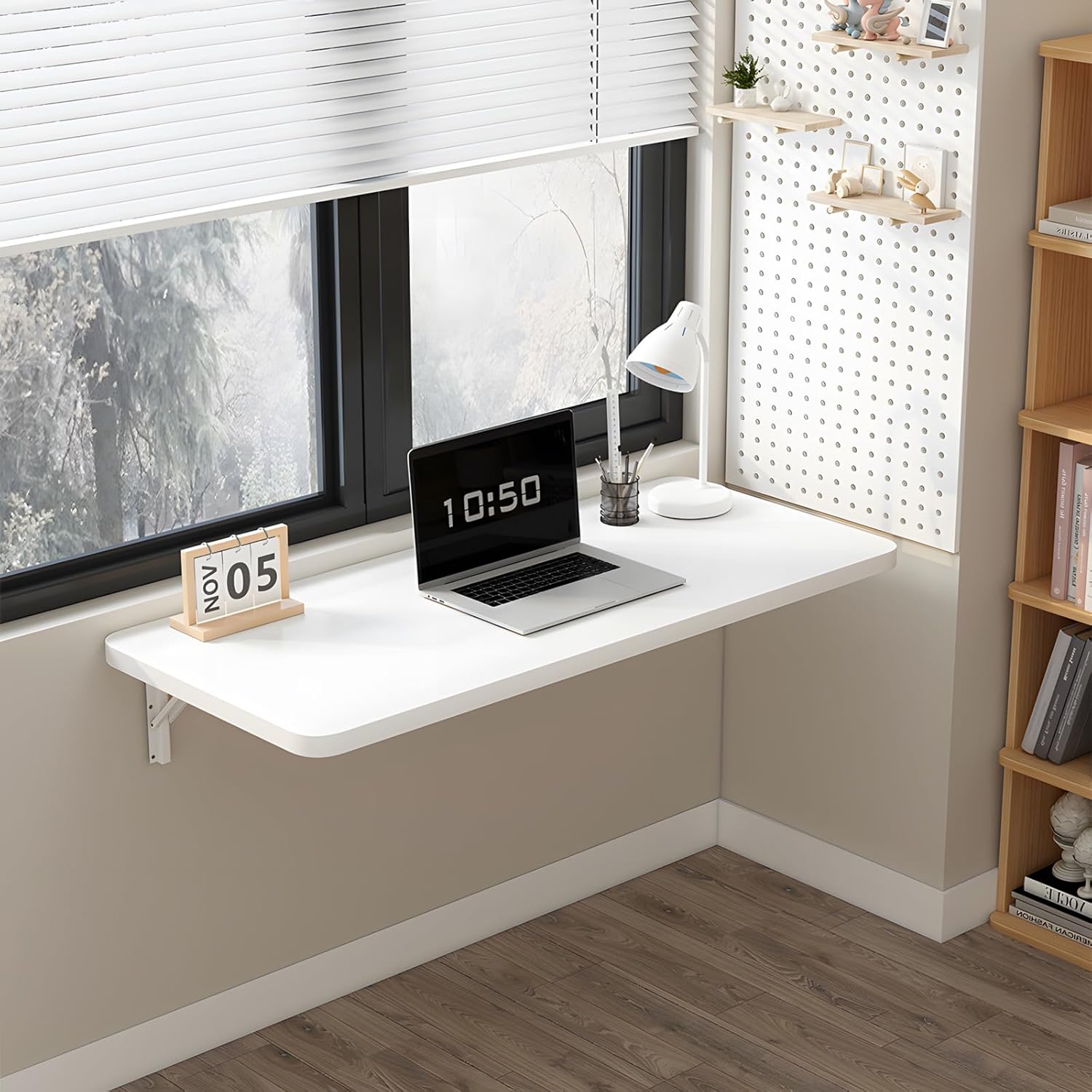 Wall Mounted Folding Table for Laundry Room Piano Baking Paint Waterproof, Wall Mount Table Fold Down Multi Size, Foldable Desk for Kitchens、Handicraft Production、Bars、Sewing Station（White）