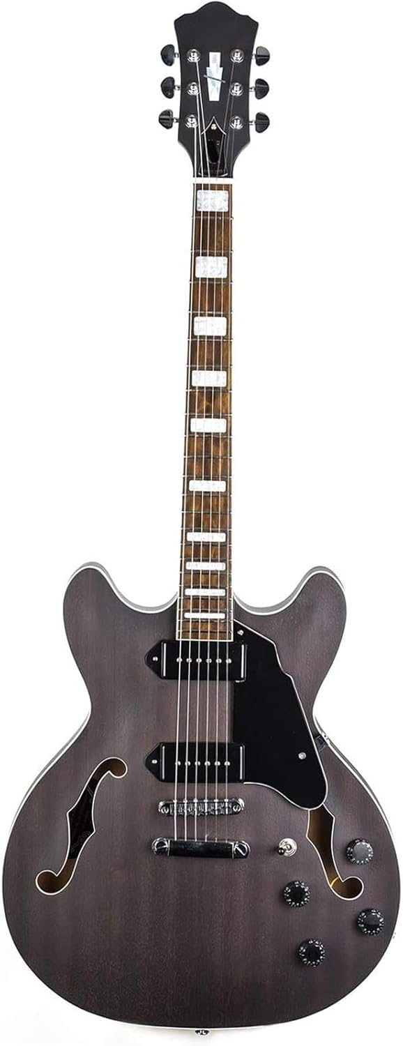 Beginner Electric Guitar Kits Jazz Electric Guitar Flame Maple Top Semi Hollow Body Matte Finished With Pickups(Gray)