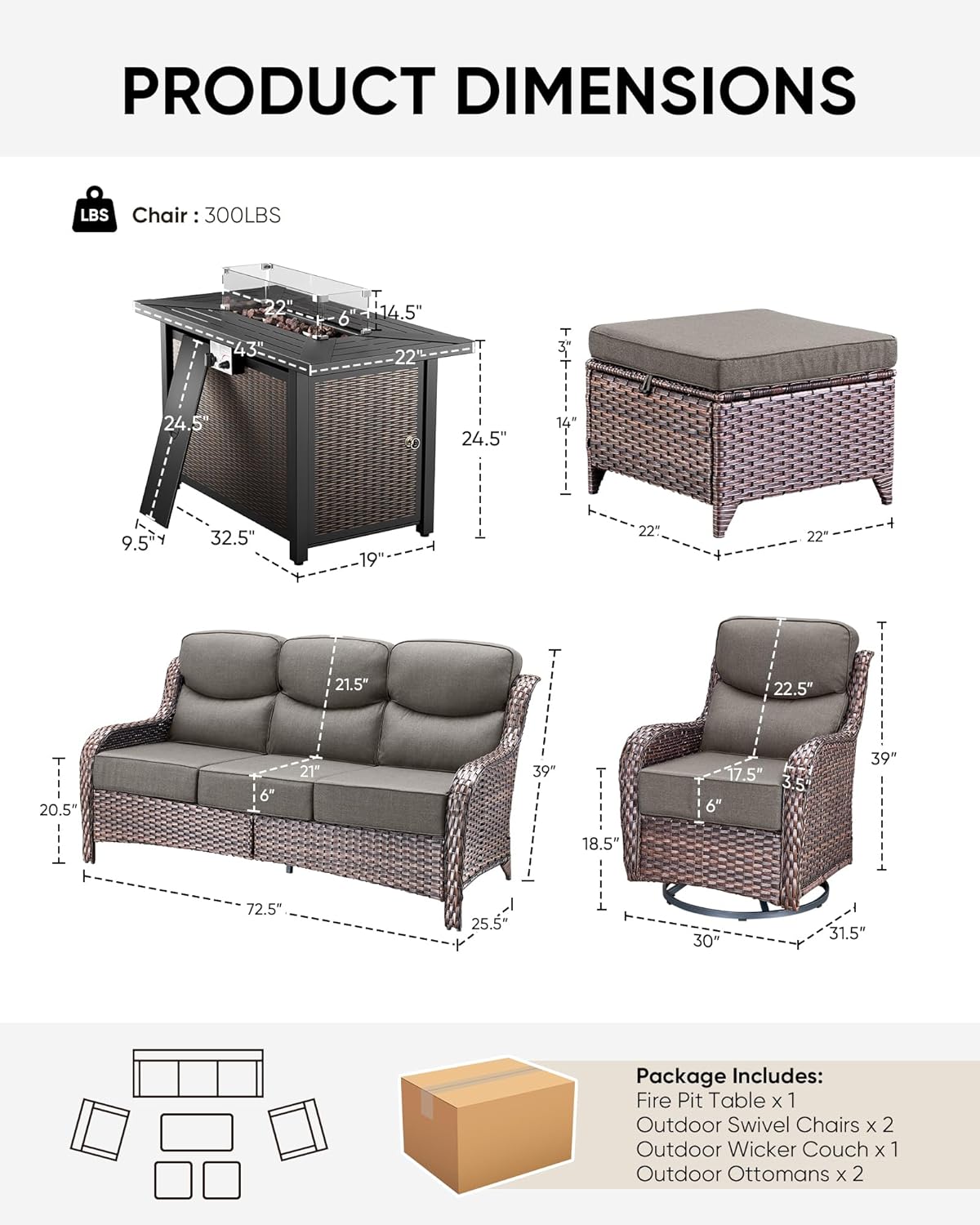 HUMMUH 6 Pieces Patio Furniture Set with Fire Pit High Back Outdoor Furniture Set 6-inch Cushions Wicker Patio Swivel Rocker Chairs for Balcony Garden,Lawn,Deck