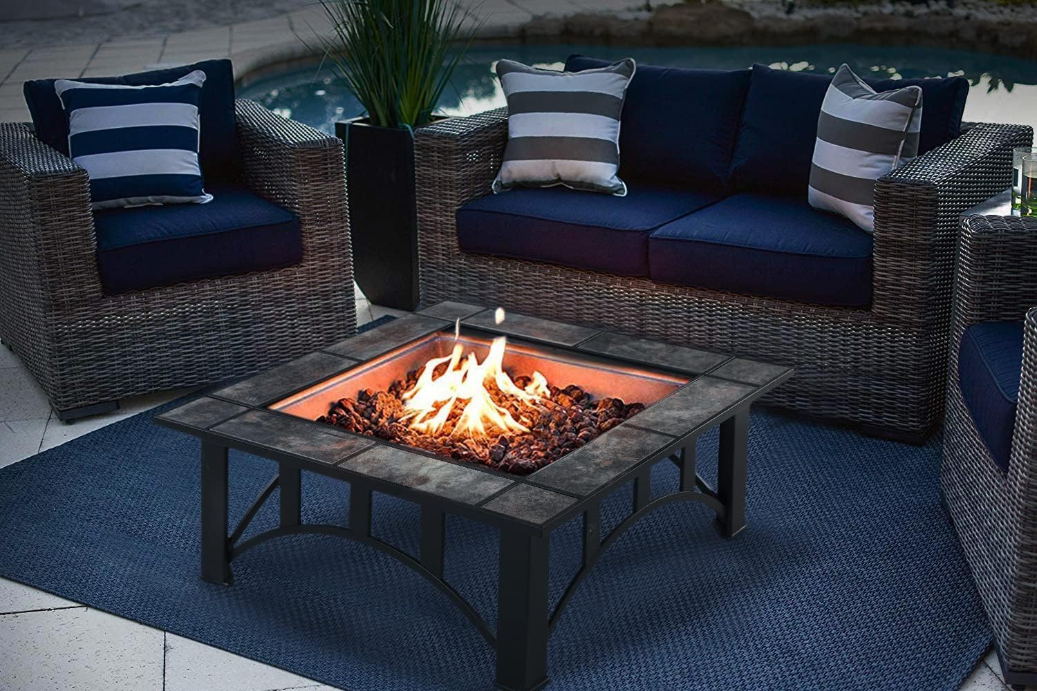 GRAND PATIO Fire Pits for Outside 35'' Wood Burning Square Marble Tile Tabletop Fire Tables for Patio Bonfire,Camping,Outdoor Heating, with Spark Screen and Poker
