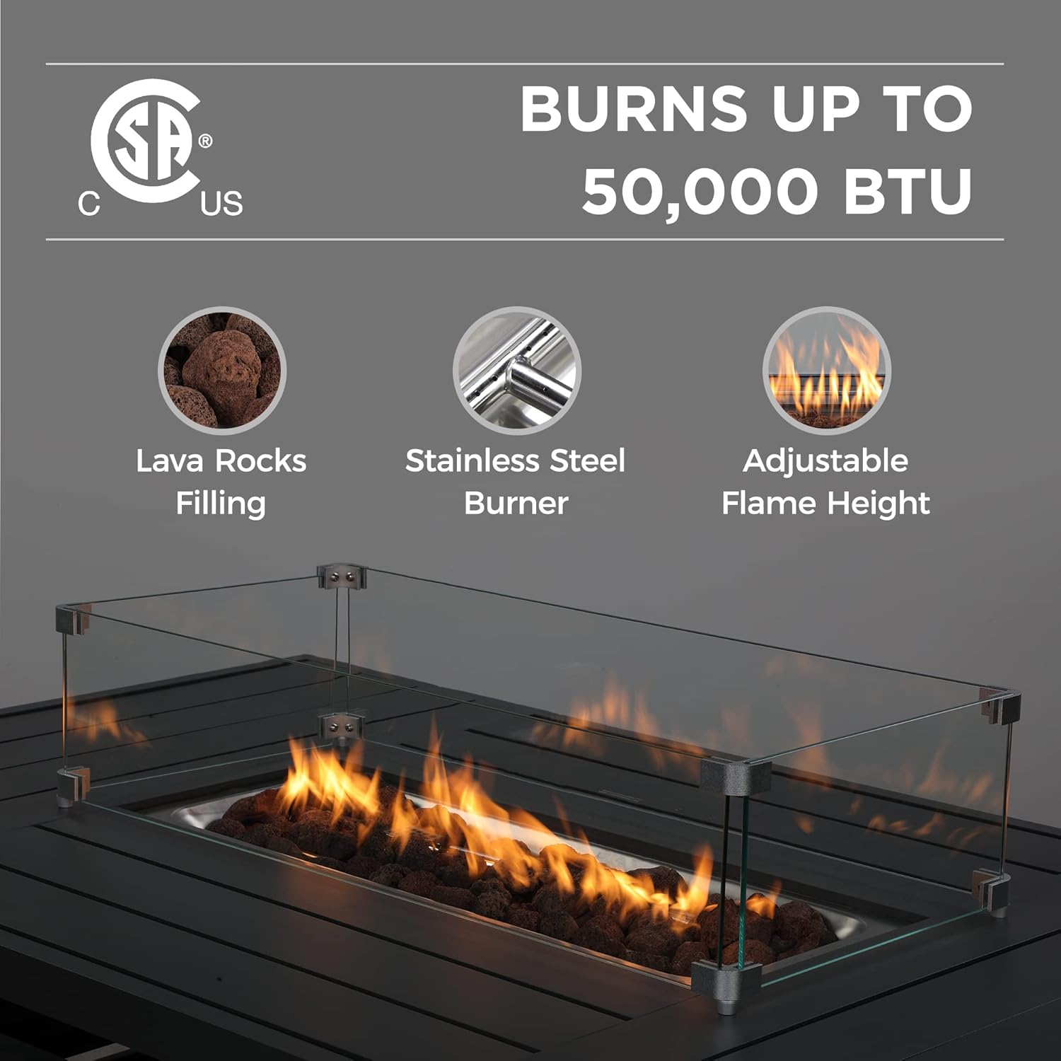 Wisteria Lane 54.3” Outdoor Patio Aluminum Fire Pit Table, 50000 BTU CSA Certified Propane Gas Fire Pit, Rectangular Fire Table w/Stainless Burner, Lava Rock, Waterproof Cover