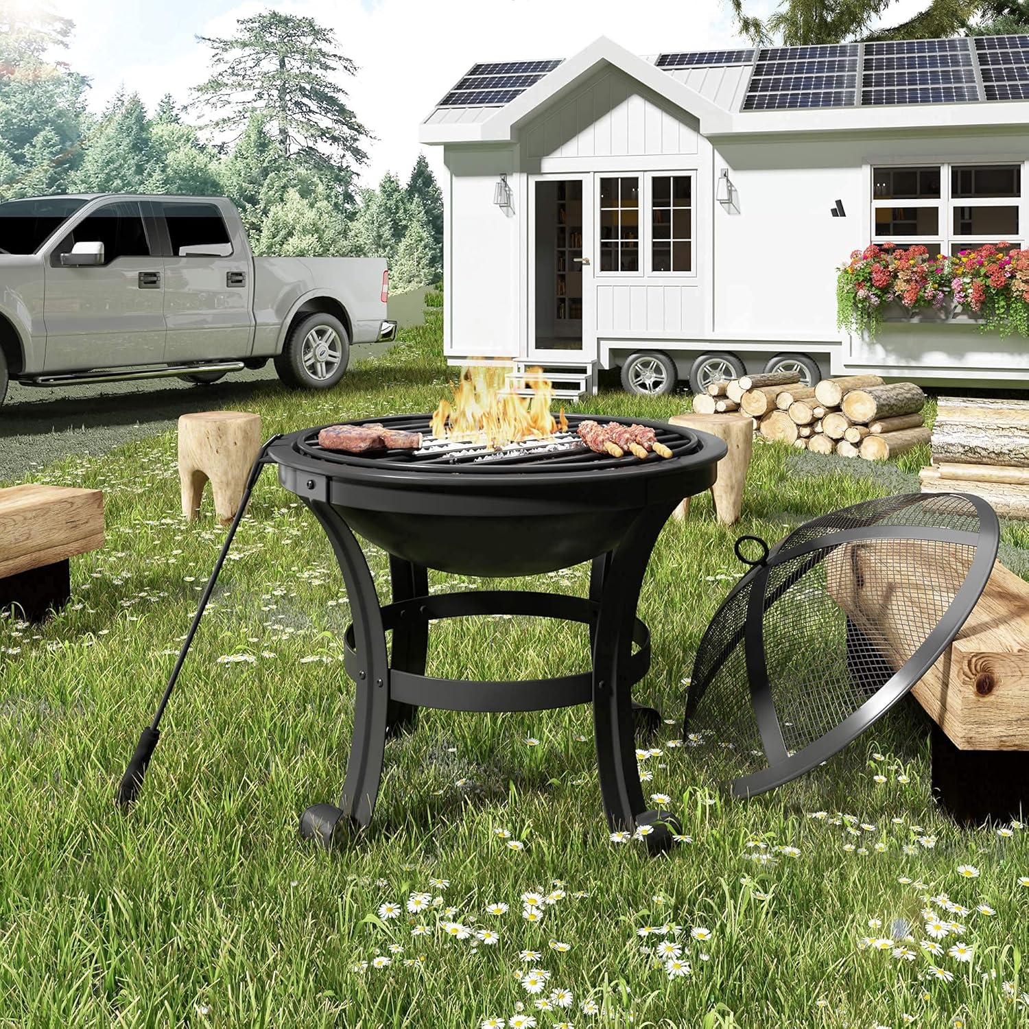 Fire Pit Metal Wood Burning Fire Bowl with Charcoal Fork/Charcoal/Mesh Cover