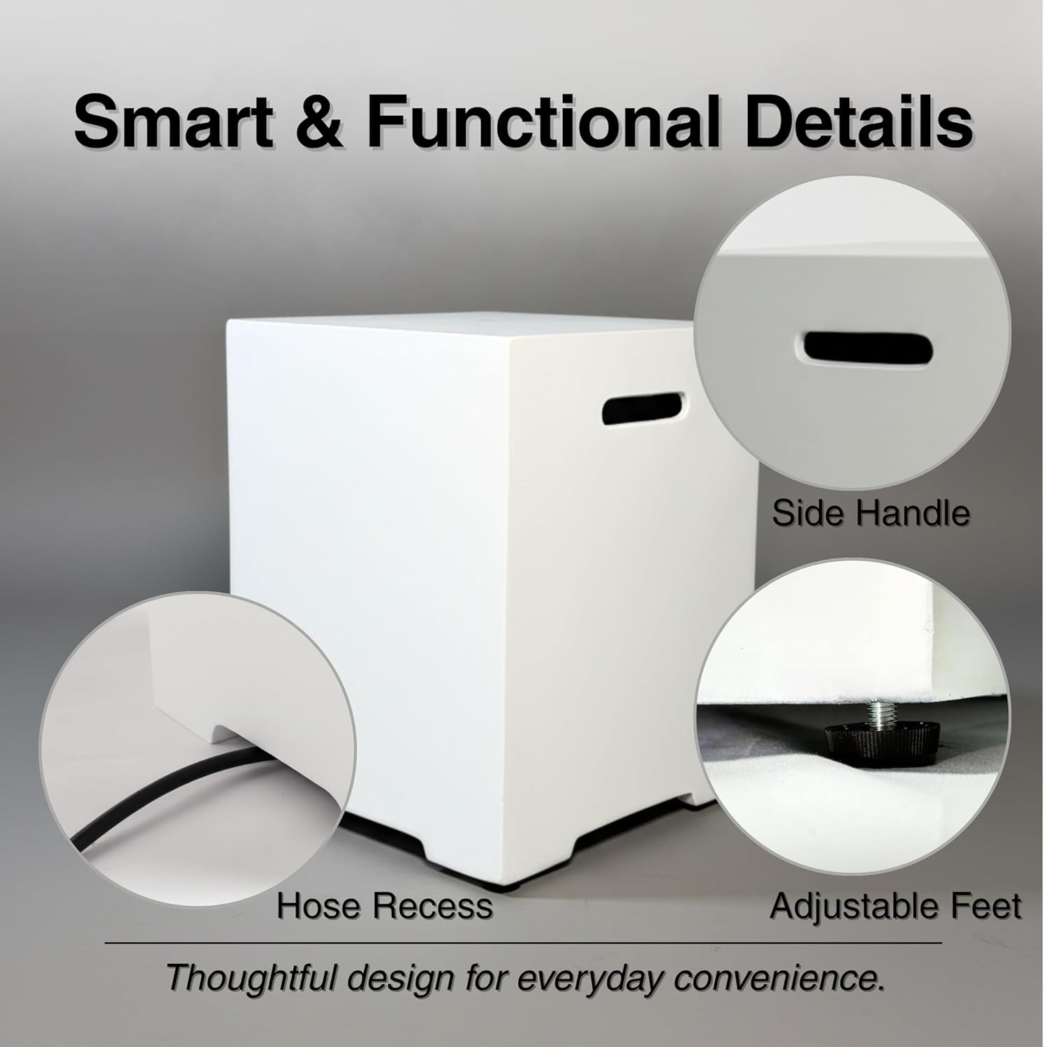 Propane Tank Cover 20 lb White Concrete Outdoor Table Storage Hideaway for Fire Pits, Patio, Garden, Deck - Lightweight MgO Composite Side Table with Handles & Hose Hole