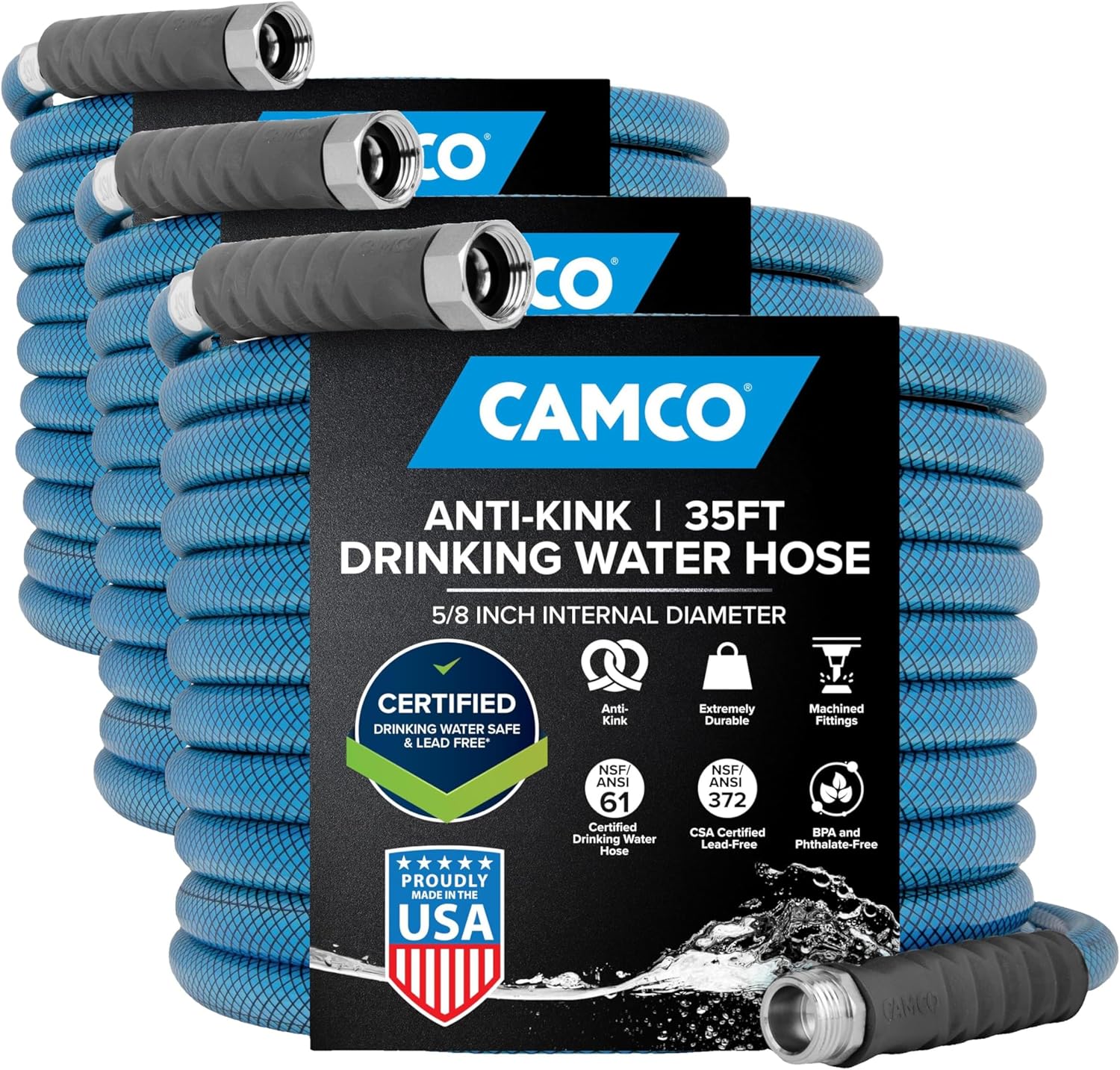 Camco TastePURE Drinking Water Hose, 35-Foot, 5/8-Inch Diameter | Heavy-Duty No-Kink Design | NSF Drinking Water Safe | For Camper/RV | Pack of 3
