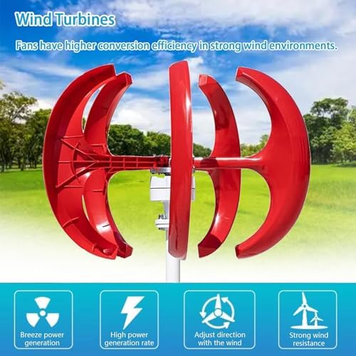 16000W Vertical Wind Turbine Kit for Home Use, 12V/24V/48V Silent Horizontal Wind Power Generator with 5 Blades & Controller (Red) - Eco-Friendly Energy Solution