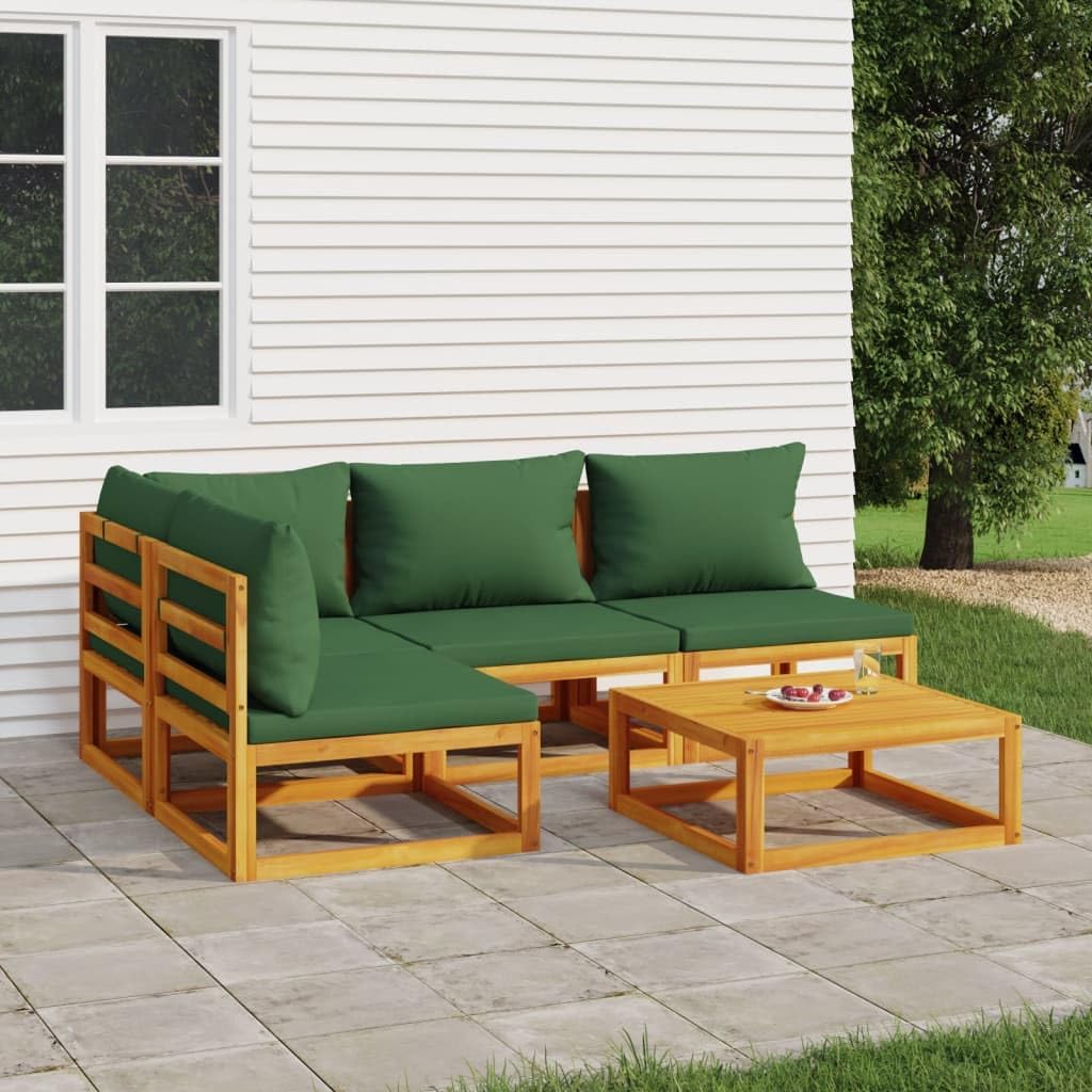 Patio Set 5 Piece Patio Lounge Set with Green Cushions Solid Wood