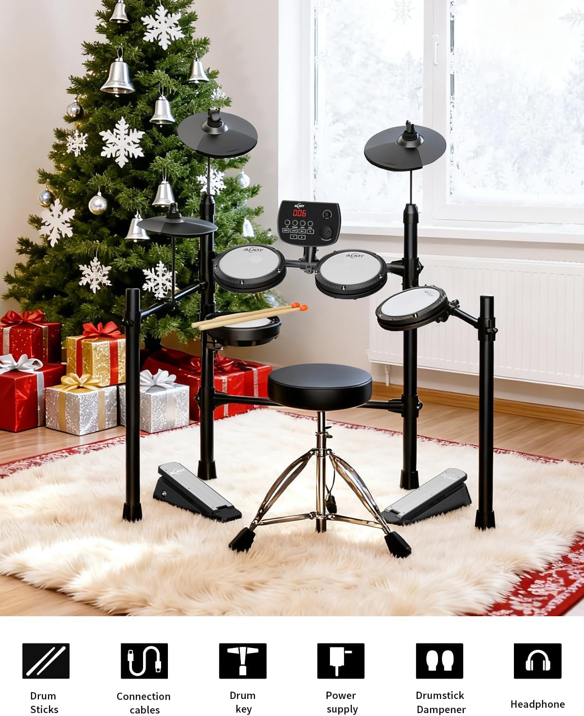 AiJoy Electric Drum Set with Quiet Mesh Pads, 5 Drums, 3 Cymbals, Dual-Zone Snare, USB MIDI, Intelligent Sound Module, Drum Throne, Headphones, Sticks, 25 Kits & 195+ Sounds for Beginners & Adults