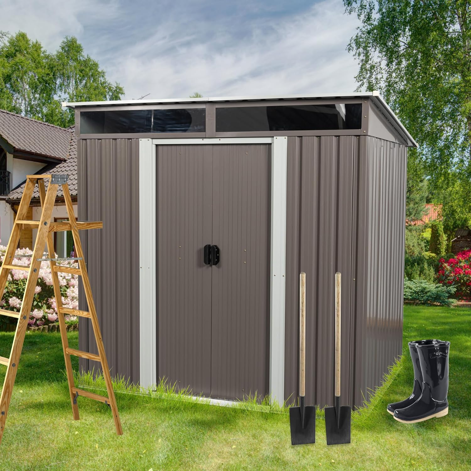 6x5 FT Outdoor Storage Shed, Metal Garden Shed with Frame Floor, Outside Tool Shed with Lockable Sliding Doors, Waterproof Storage Building with Sloped Roof for Backyard, Patio, Warm Gray