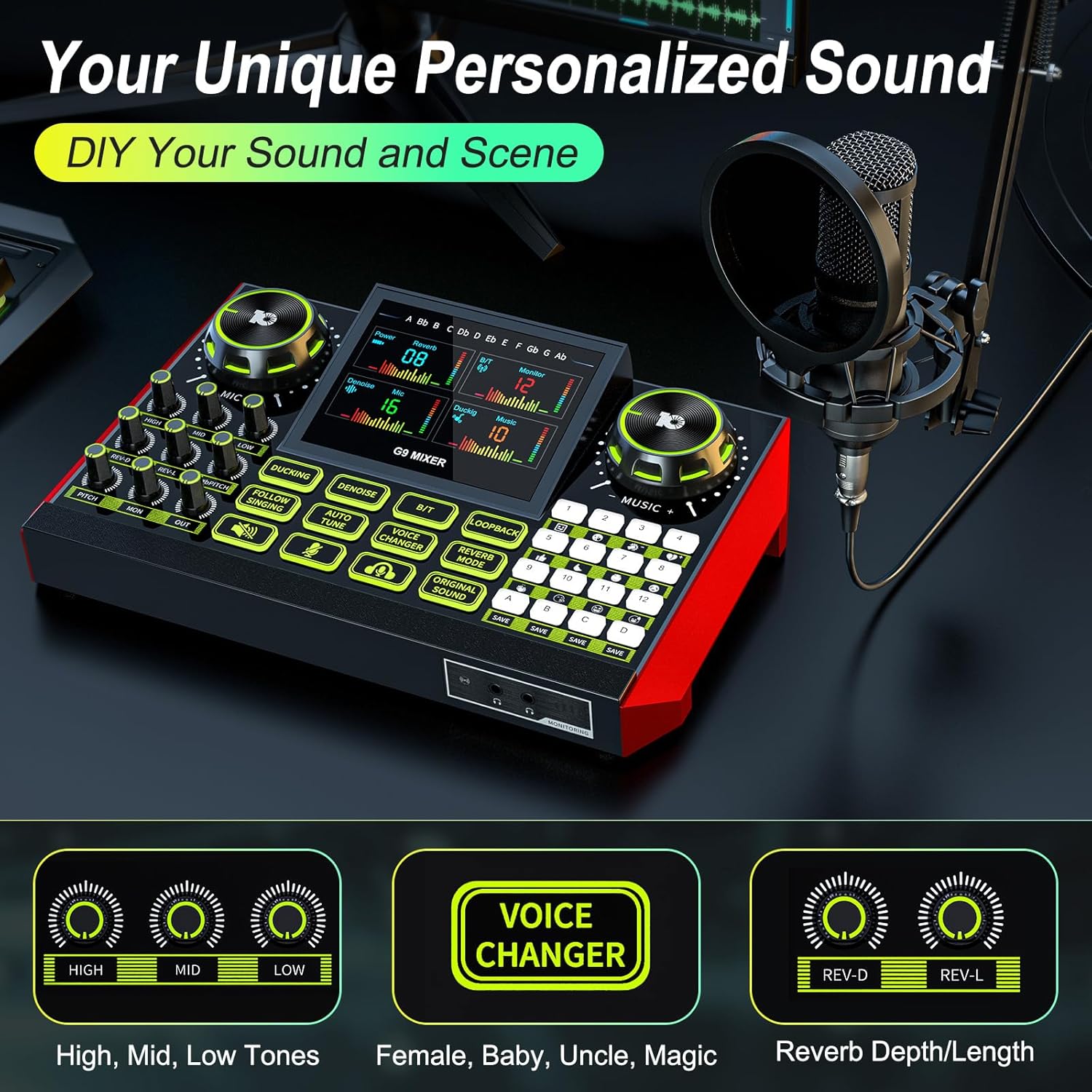 G9 Podcast Equipment Bundle with 3.5mm Condenser Microphone for Pc/Phone Live Streaming Singing Gaming, Podcast Microphone Bundle with Live Sound Board Audio Mixer,Voice Changer, Denoise,DJ Sets