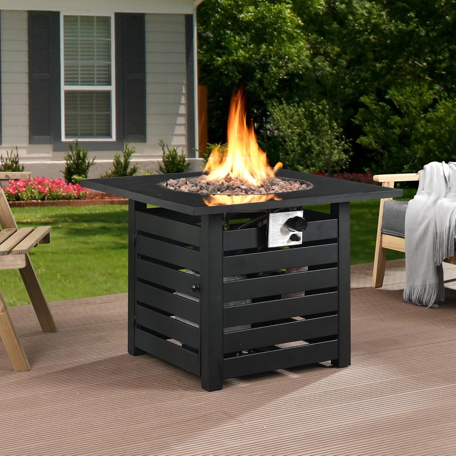 MONDAWE 32 Inch Fire Pit Table, 50,000 BTU Auto-Ignition Propane Fire Pit Table, Outdoor Gas FirePit with Waterproof Cover, CSA Certified Fire Table for Outside Paito/Garden/Backyard, Black