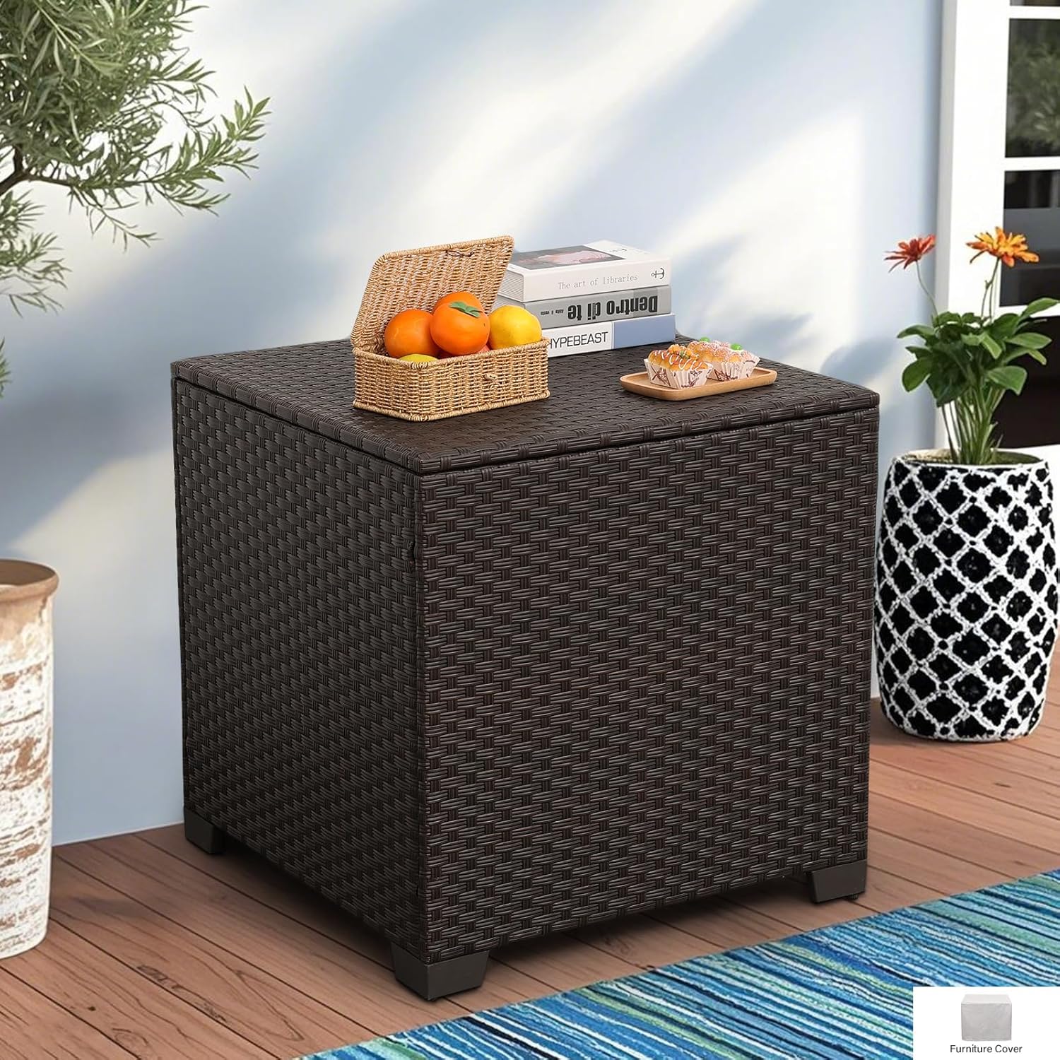 80 Gallon Deck Storage Box Wicker Outdoor Storage Box Square Pool Storage Bin Cushion Storage Bin Outdoor with Waterproof Lining Bag, Brown