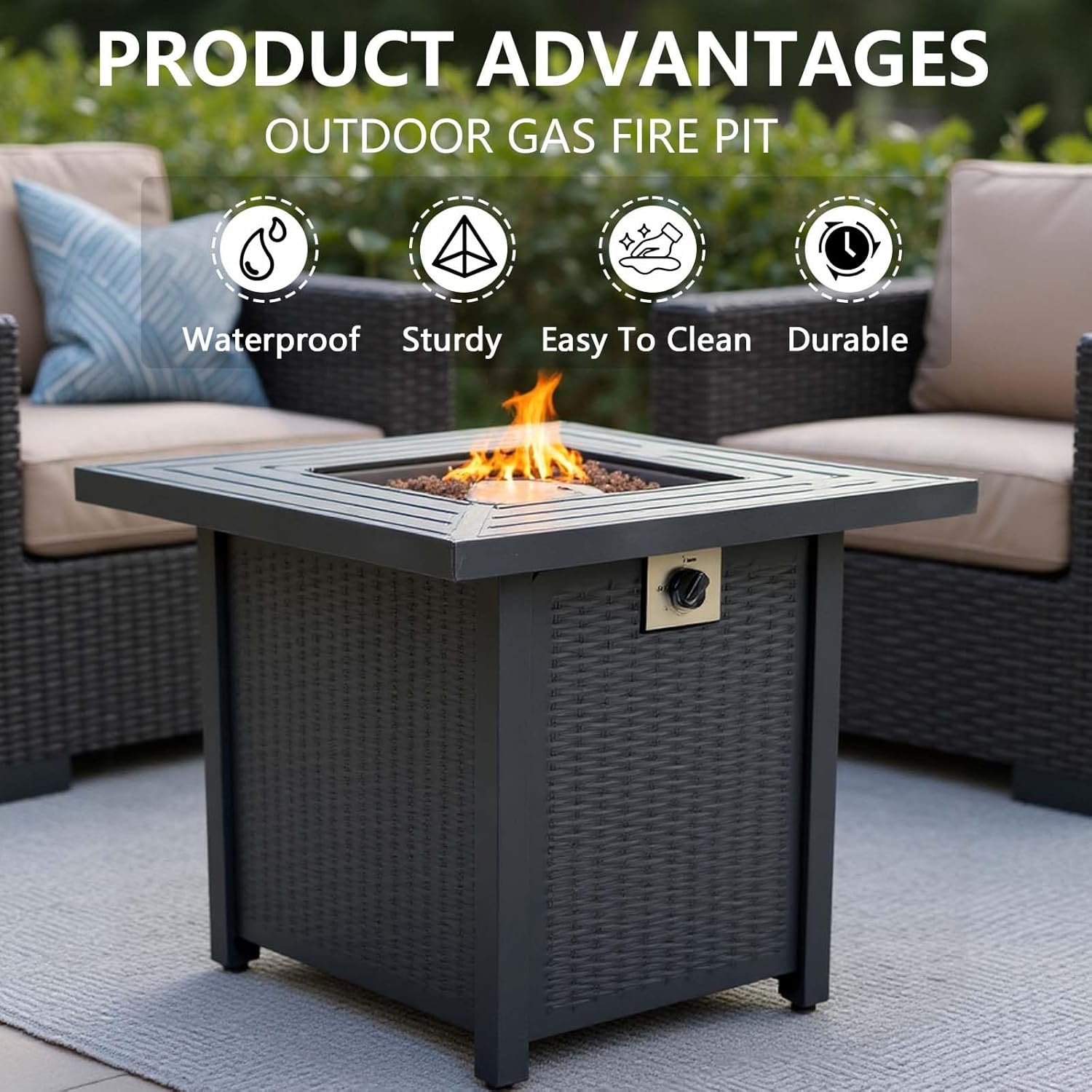 50000 BTU Propane Fire Pit Table Square,28 inch Fire Pit Propane for Outside Patio Black Gas Firepits,Iron (Black 1)