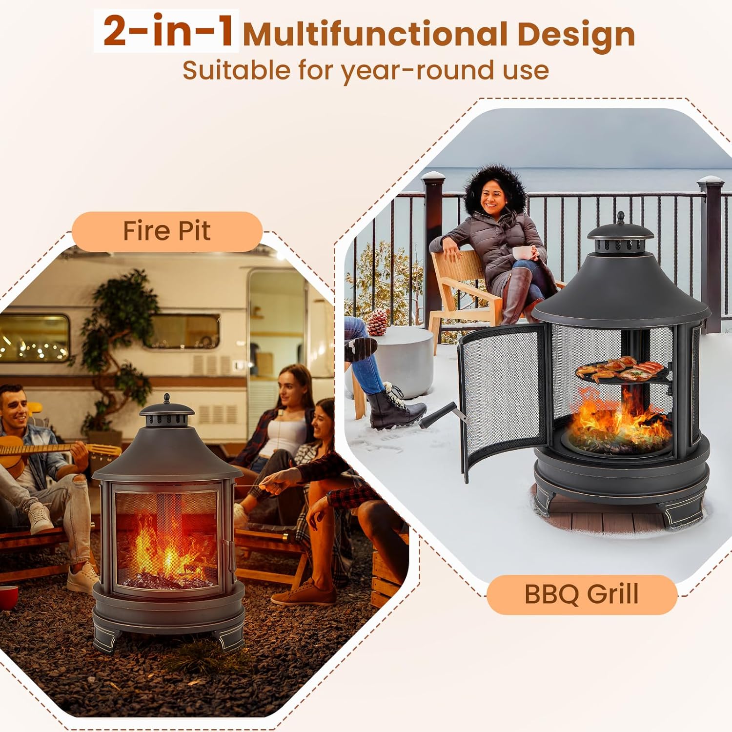 Giantex 2 in 1 Outdoor Fire Pit with Grill, 30 Inch Metal Chiminea, Wood Burning Fireplace with Chimney, Spark Screen Door & Fire Poker, Patio Firepit for Garden, Backyard, BBQ
