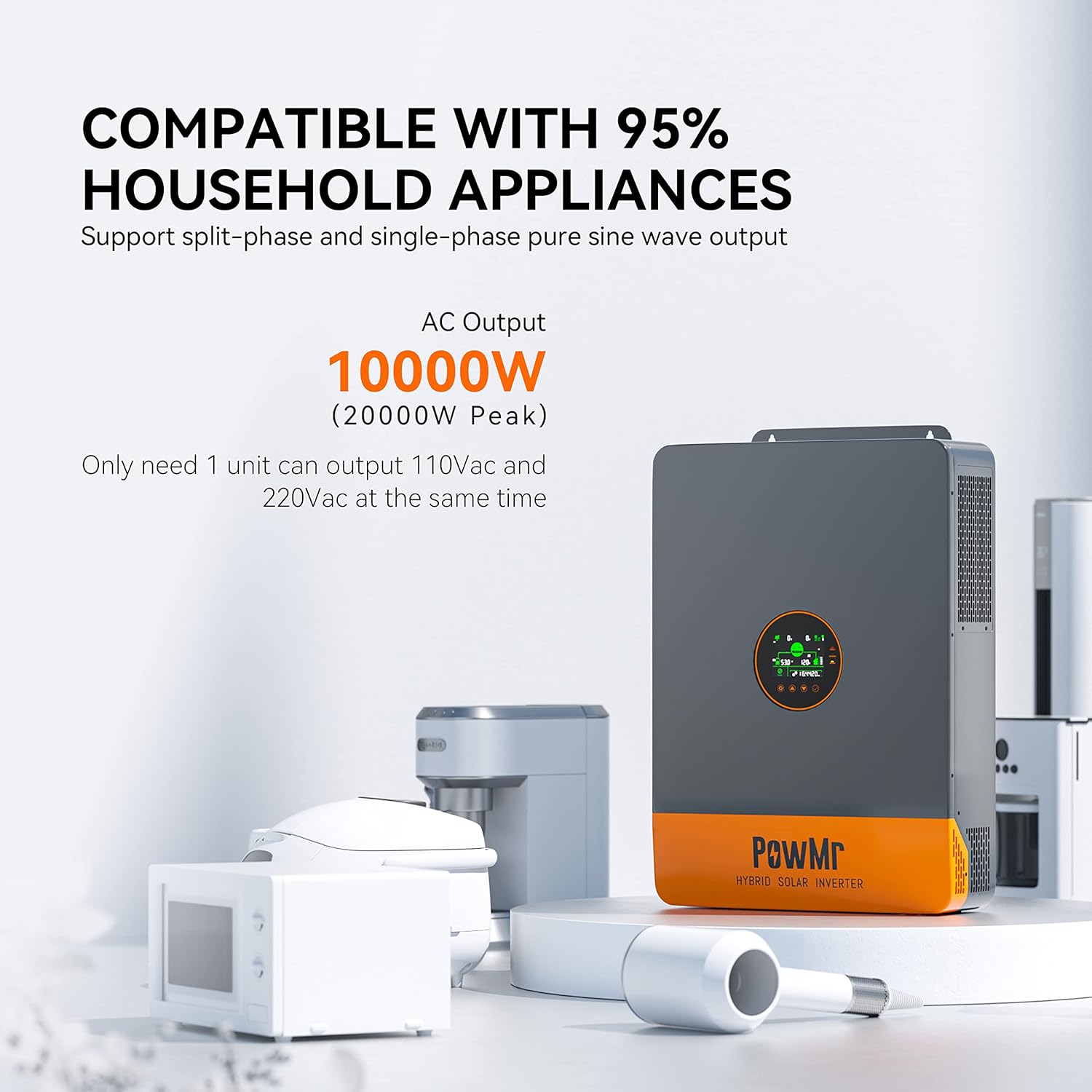 PowMr 10000W Hybrid Solar Inverter, 48V DC to 110V/240V AC Split Phase Inverter with 200A MPPT Controller, Max PV Input 11KW, 500VDC, for Lead Acid Lithium Battery