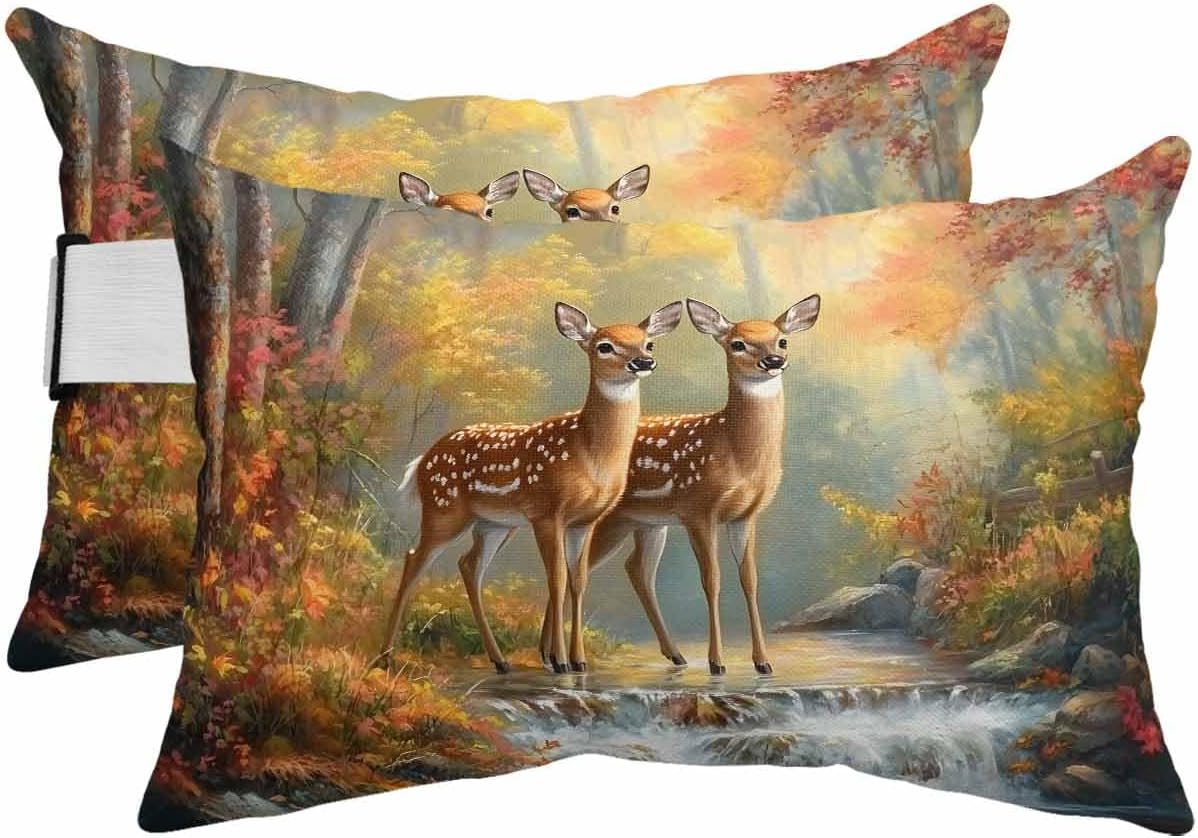 Outdoor Pillow for Chaise Lounge Chair Deer Waterproof Lumbar Pillow with Insert Orange Maple Leaves Forest Headrest Pillow with Adjustable Elastic Stripe for Recliner Beach Garden Patio 12x20 Inch