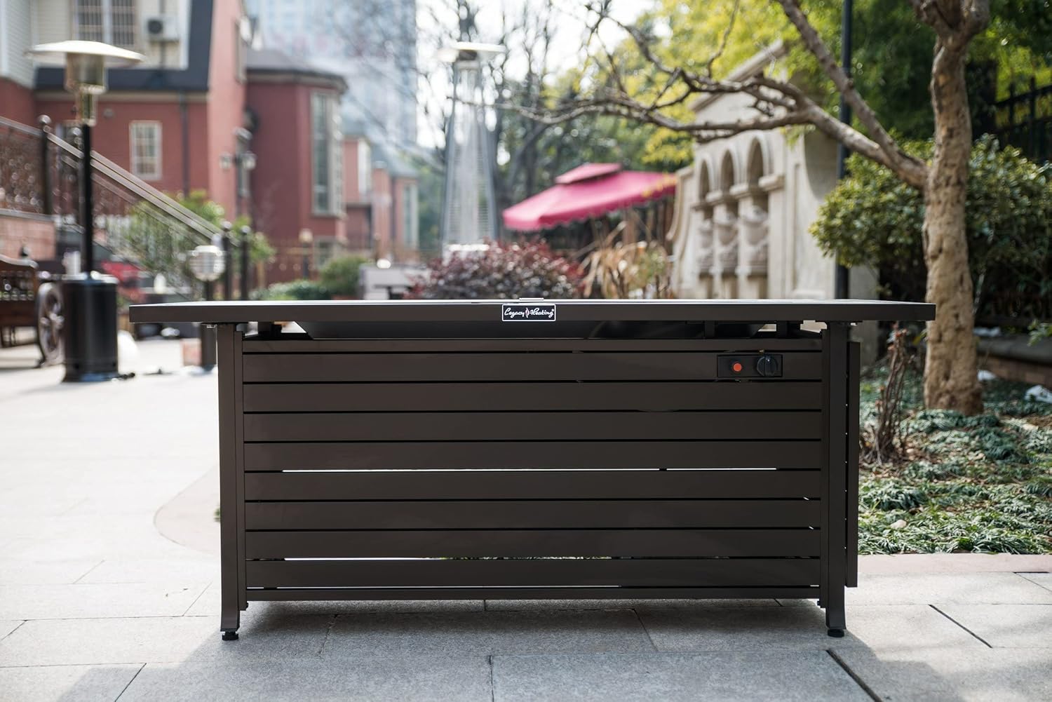 57in Outdoor Gas Propane Fire Pit Table, Rectangular Mocha Dark Brown, 50,000 Btu, Aluminum Fireplace with Lid Fire Glass, Etl Certified for Patio, Deck, Backyard (1 Doors)