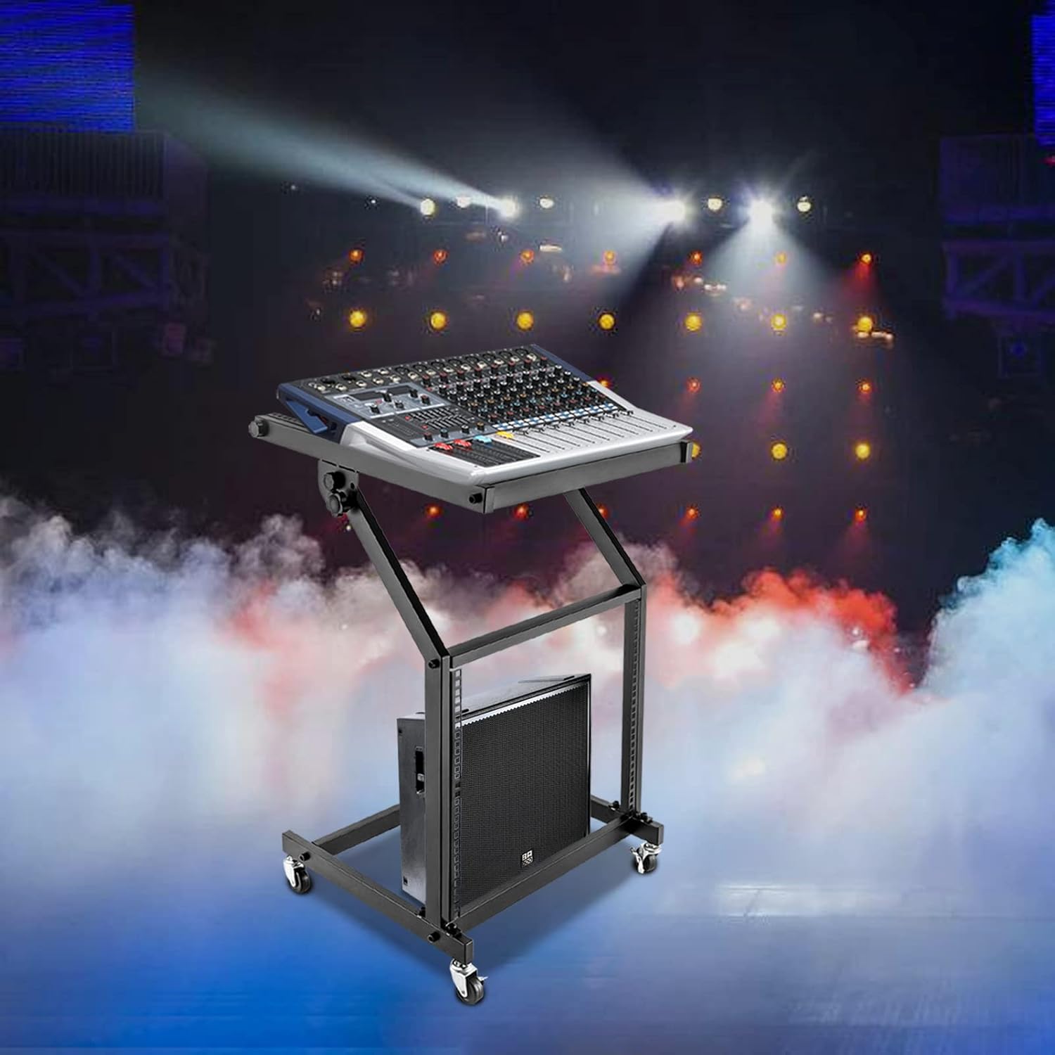 9U Black Rolling Rack-Mount Mixer Case Stand, Studio/DJ Equipment Cart with 4 Locking Wheels, Heavy-Duty Steel Frame, Perfect for Stage Amps, Mixers, Studio Gear, Home or Office Use