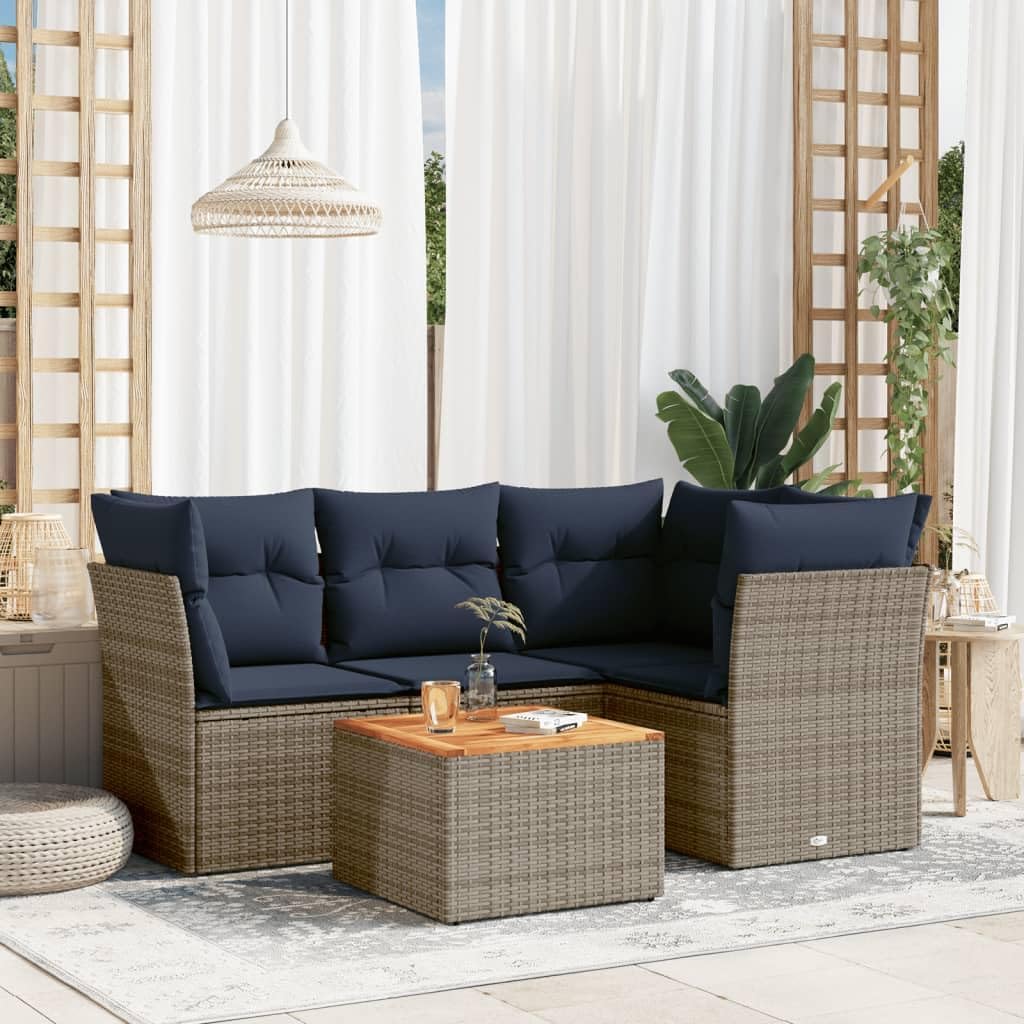 5 Piece Patio Sofa Set, Gray Poly Rattan Outdoor Furniture with Cushions, Acacia Wood Tabletop, UV-Proof, for Garden Balcony