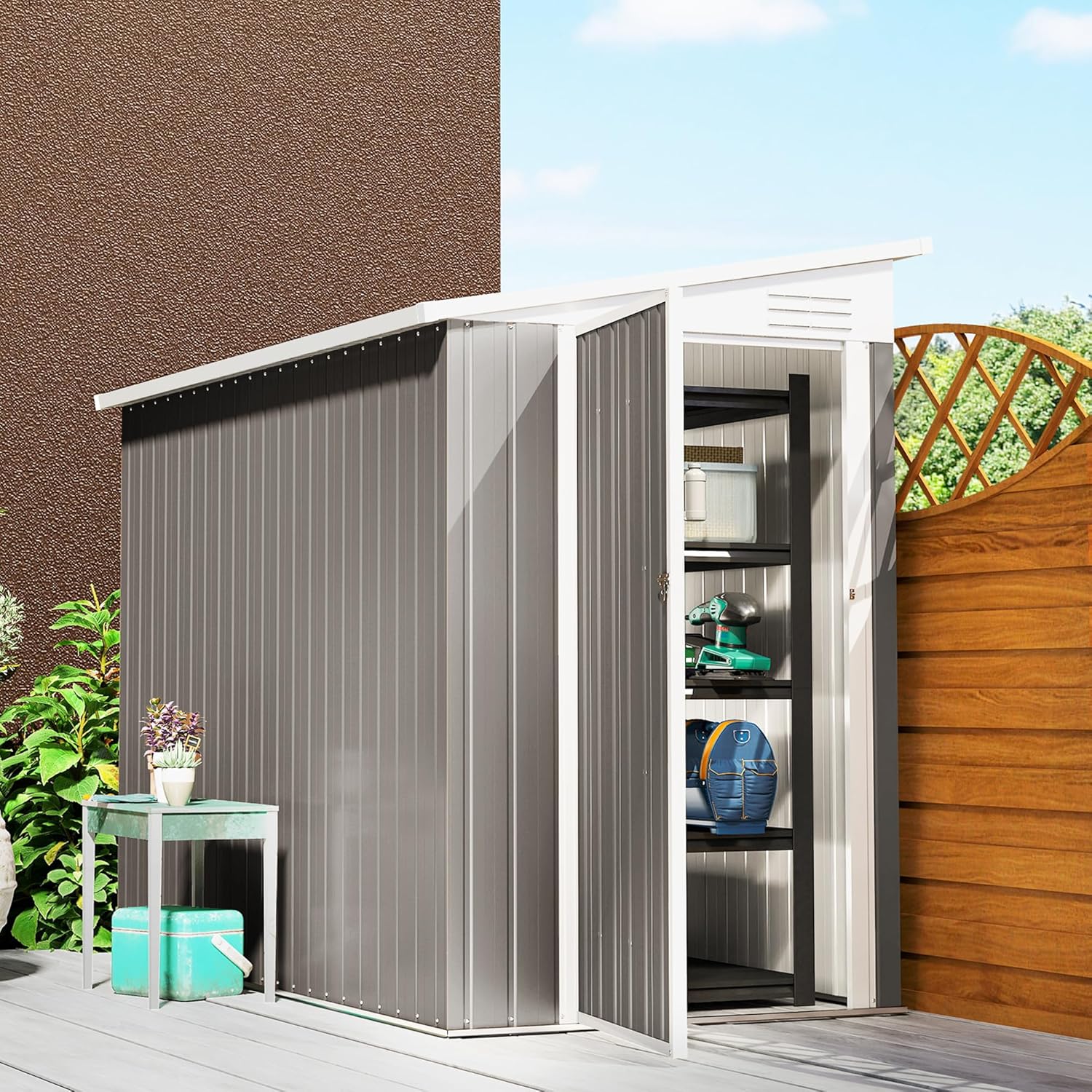 Outsunny 4' x 8' Metal Outdoor Storage Shed, Lean to Storage Shed, Garden Tool Storage House with Lockable Door and 2 Air Vents for Backyard, Patio, Lawn, Light Gray