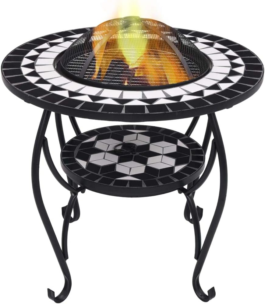 Multifunctional Fire Pit Table, Patio Decorative Table, Round Table for Camping, Outdoor Heating, Campfire and Picnic,Mosaic Fire Pit Table Black and White 26.8