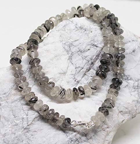gorgeous black rutile quartz rondelle necklace 7mm-8mm/ faceted cut lobster lock necklace 18.5'' long