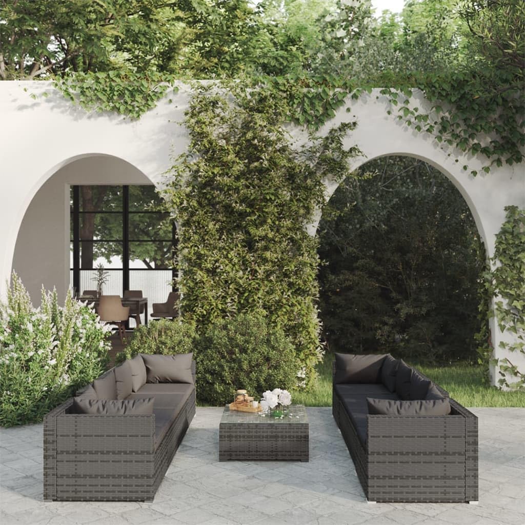 9 Piece Patio Lounge Set with Cushions Poly Rattan Gray,Modular Rattan Patio Lounge Set with Cushions for Outdoor Comfort and Style Patio Furniture Sets, Outdoor Furniture Sets