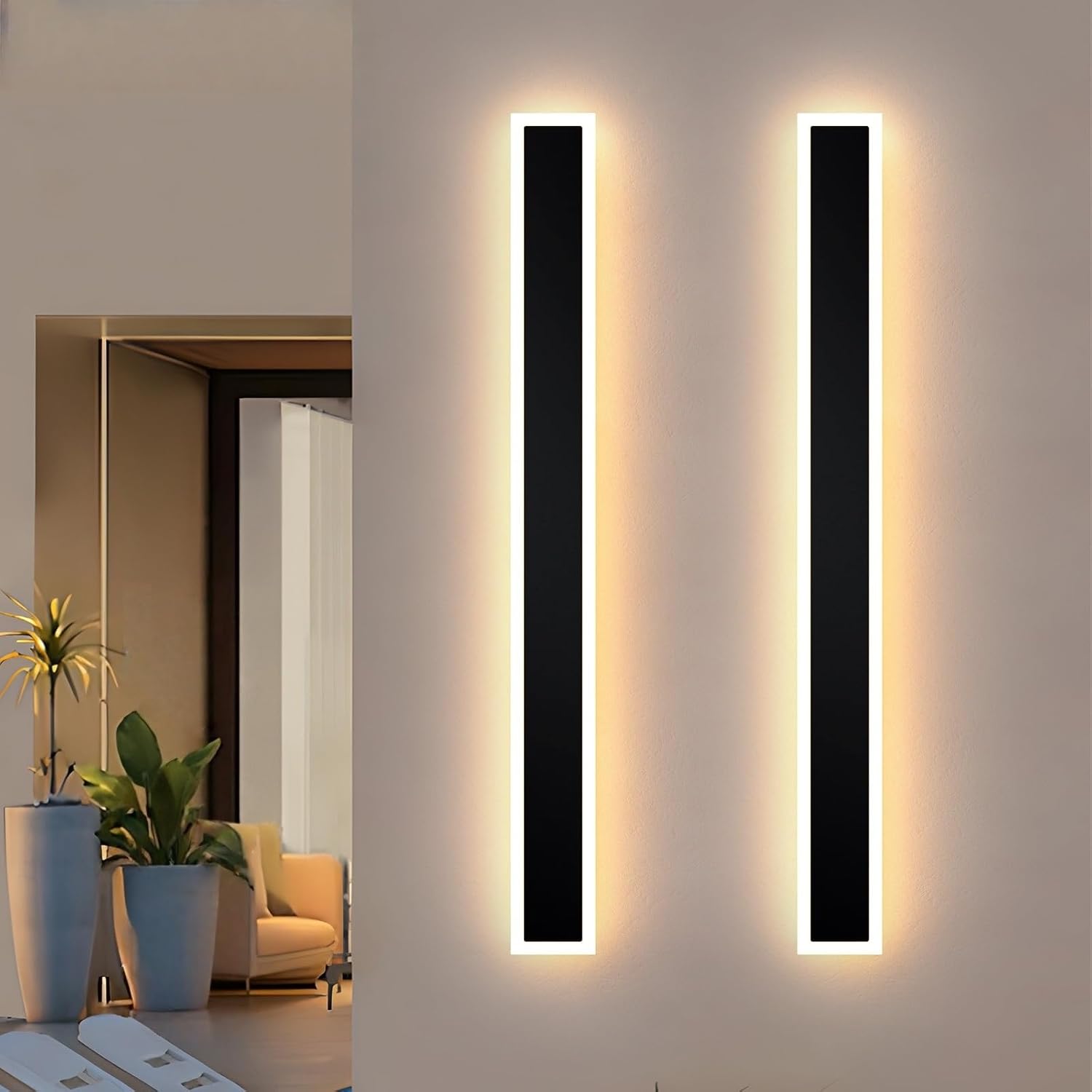 2 Pack 23.6 inch Modern LED Outdoor Wall Light, 3000K-6000K 10%-100% Dimmable Lights for Outside, IP65 Waterproof Wall Sconce Light with Remote Control for Porch, Hallway, Garage, Patio, Stairway,Yard
