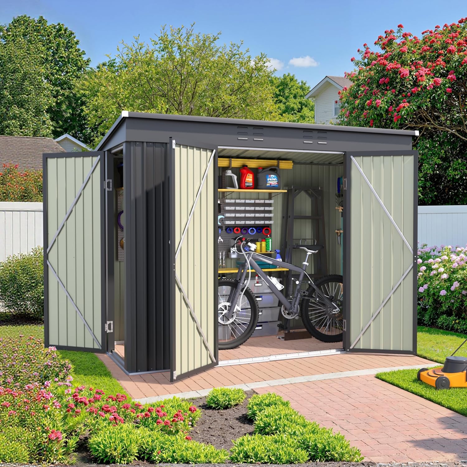 JUMMICO 8x4 FT Outdoor Storage Shed, Heavy Duty Tool Metal Sheds with 3 Lockable Doors and Updated Frame Structure for Backyard Patio Lawn, Black